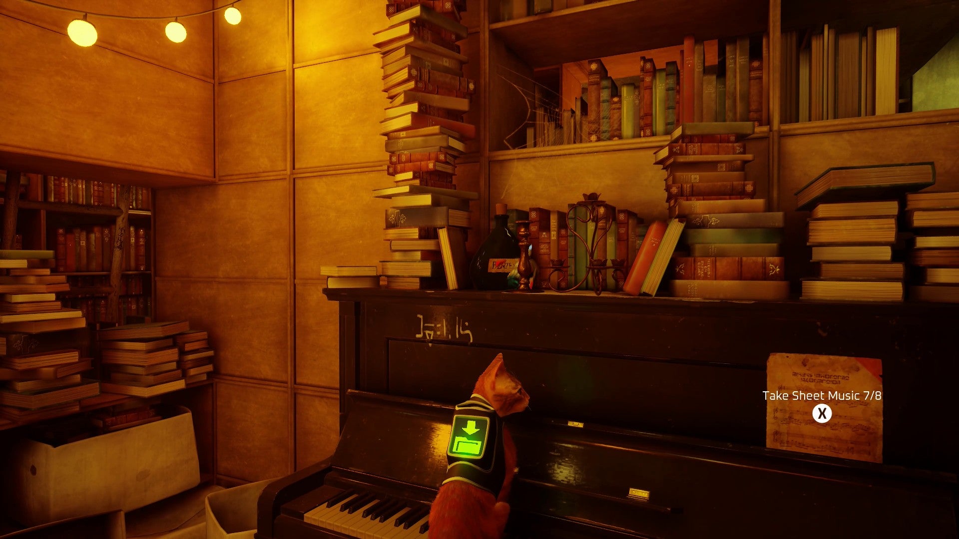 Stray screenshot showing a cat perched on a piano surrounded by stacks of books. The cat is staring at a piece of sheet music.