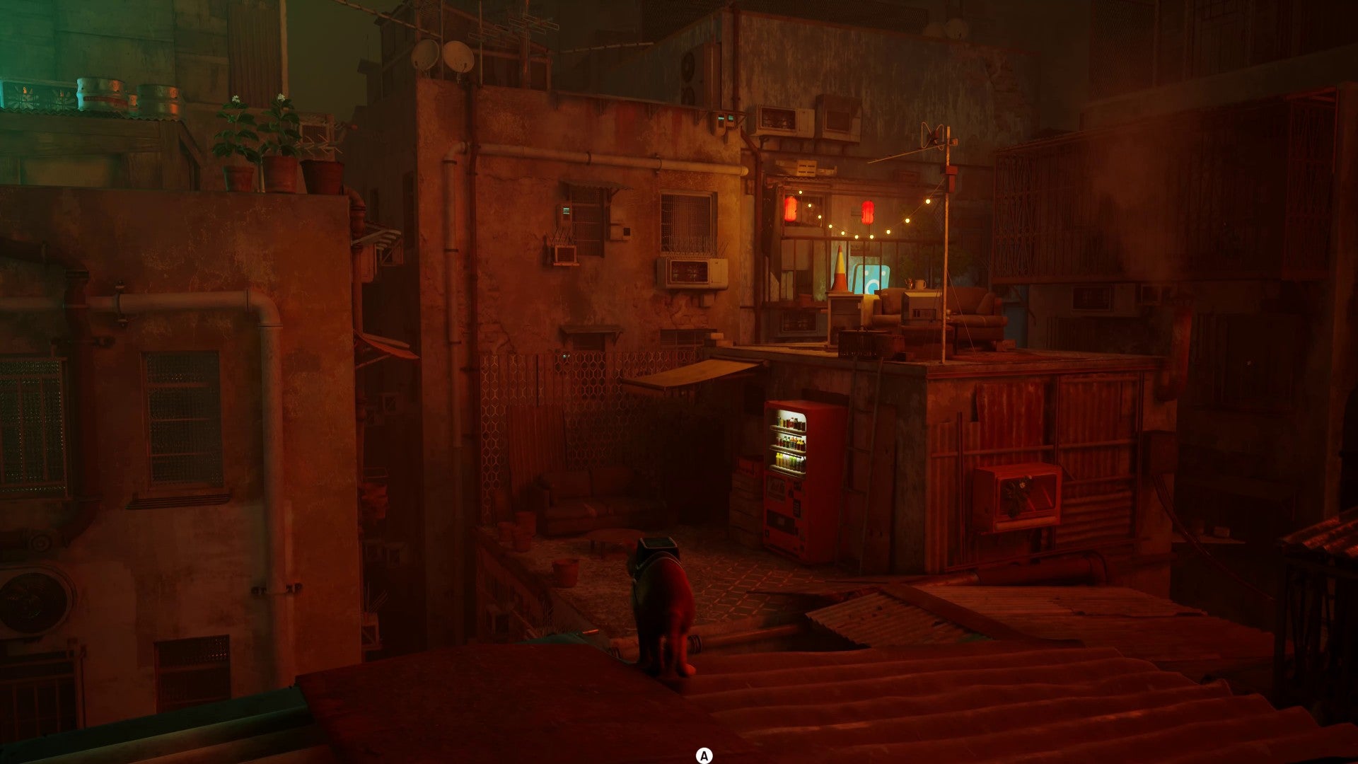 Stray screenshot showing a cat on a rooftop staring down over other rooftops dimly lit by a red glow. A Vending Machine is lit up in the distance.