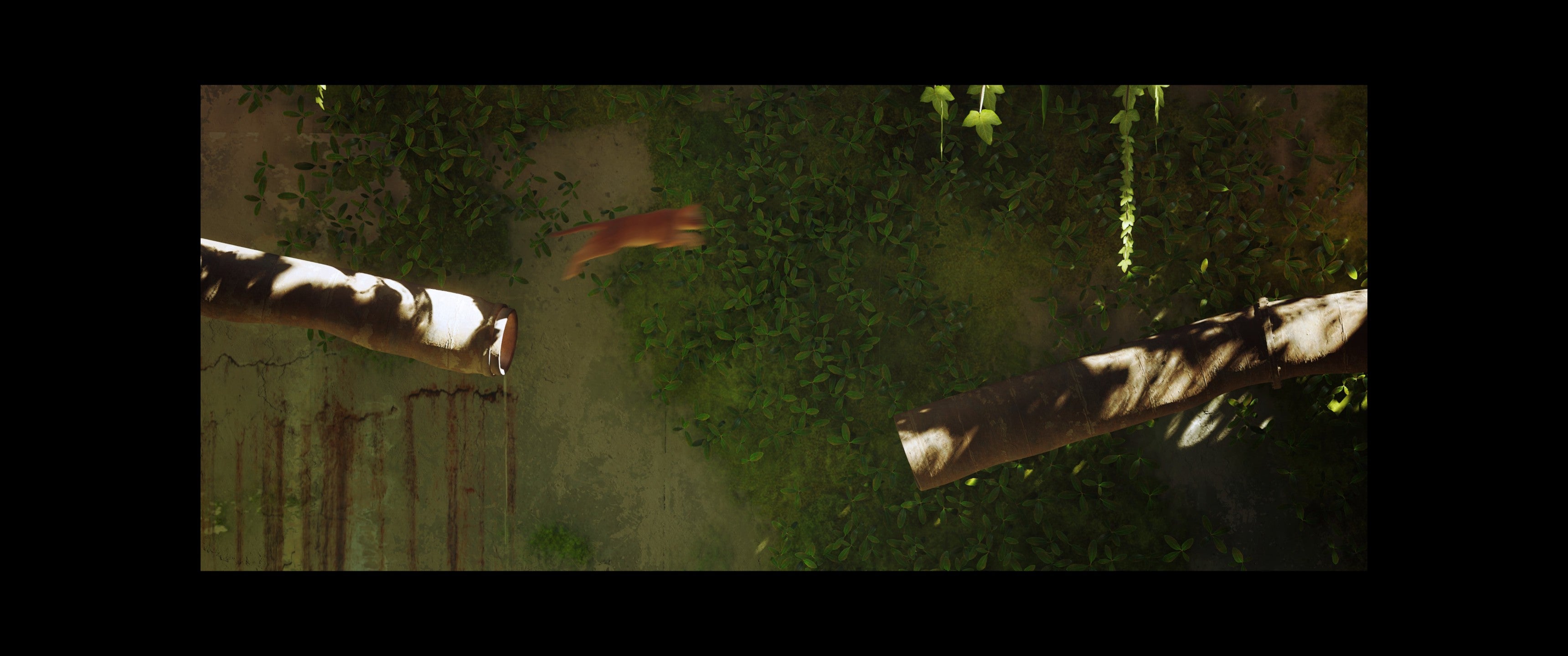 Кошка прыгает между трубами в Stray, показывая черную рамку, которая появляется во время некоторых роликов в сверхшироком режиме.