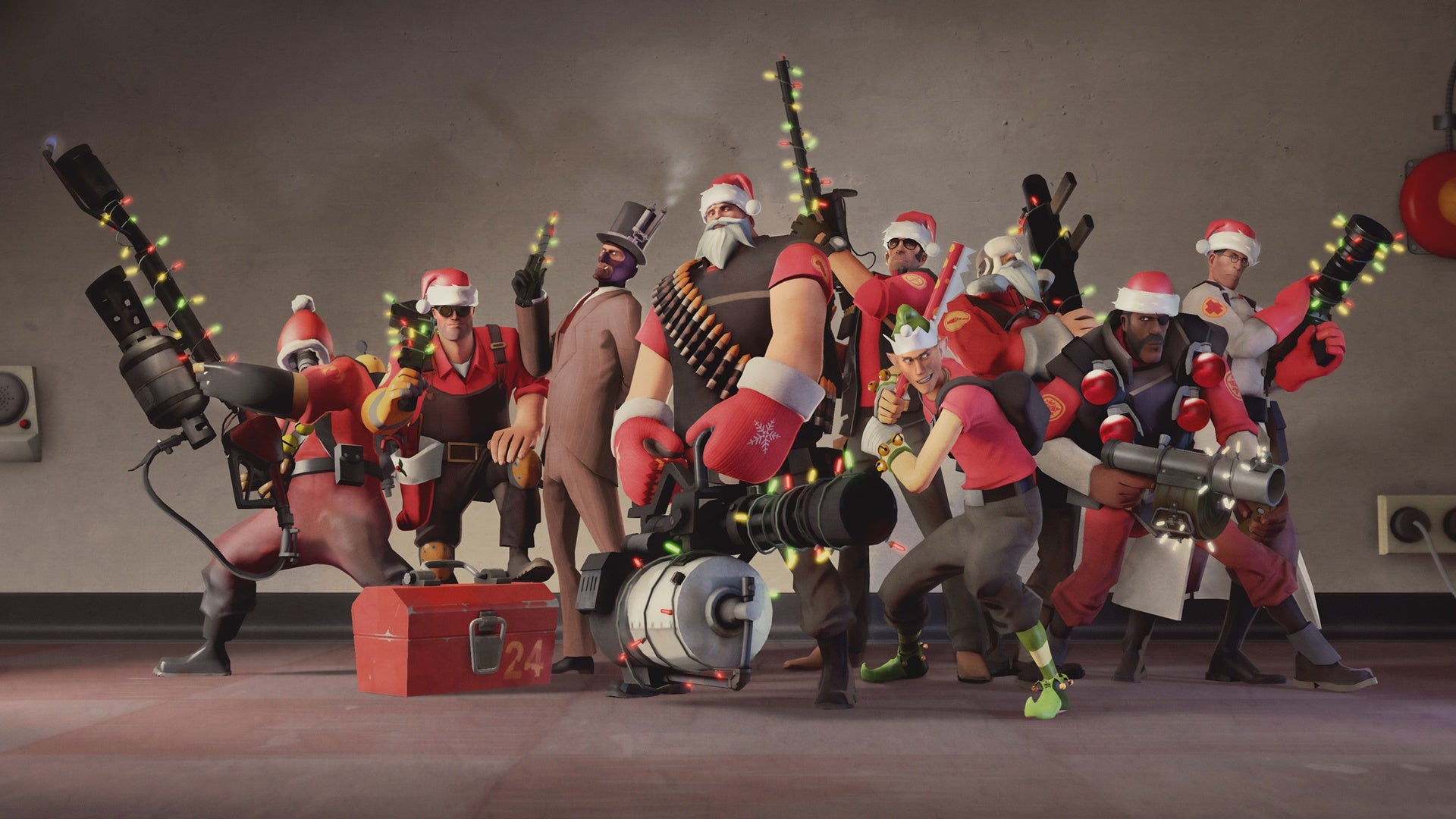 The TF2 mercenaries, wearing christmas hats and their weapons wrapped in tinsel