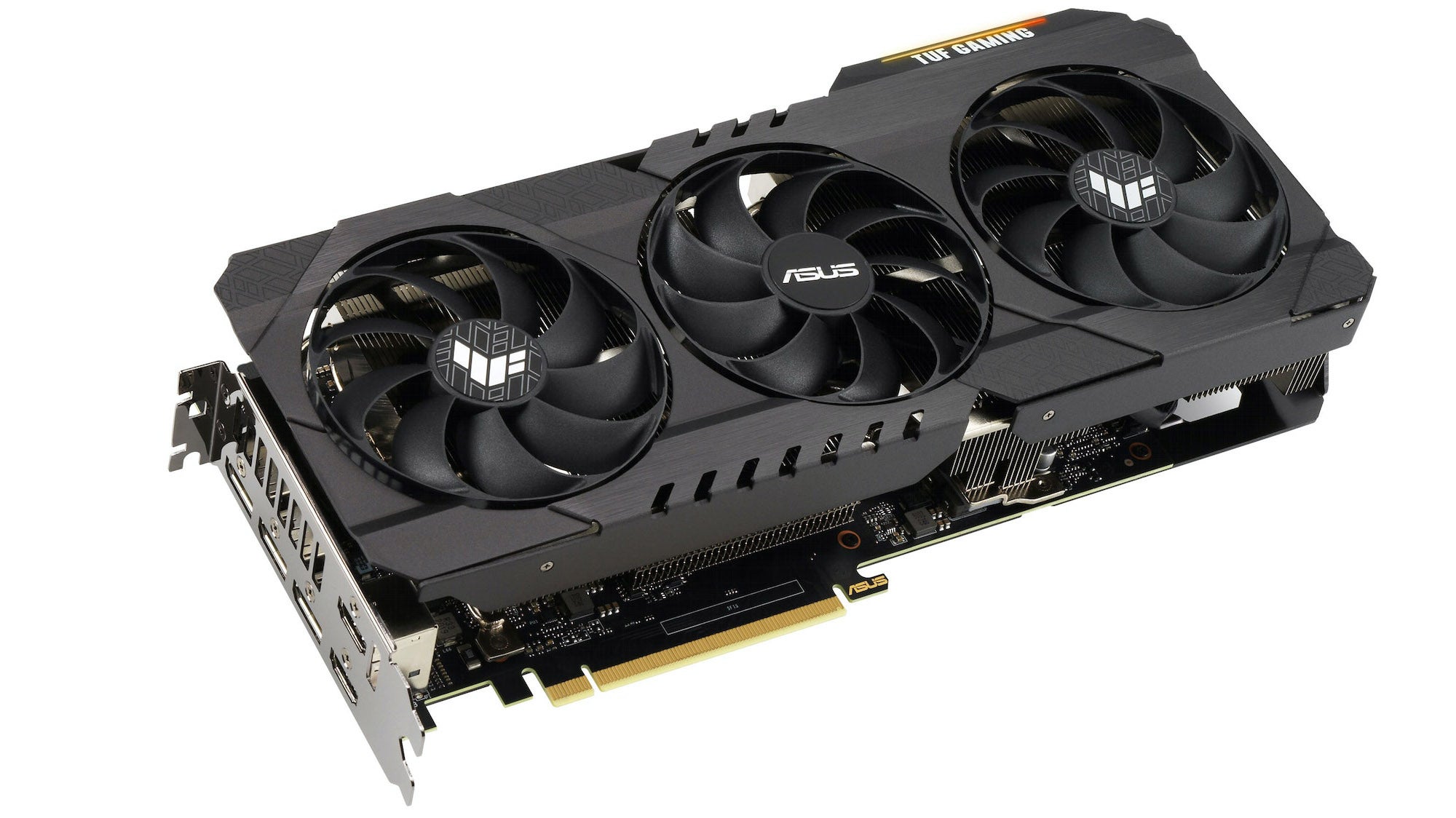 an asus tuf gaming rtx 3080 graphics card, with three fans and a gunmetal finish.