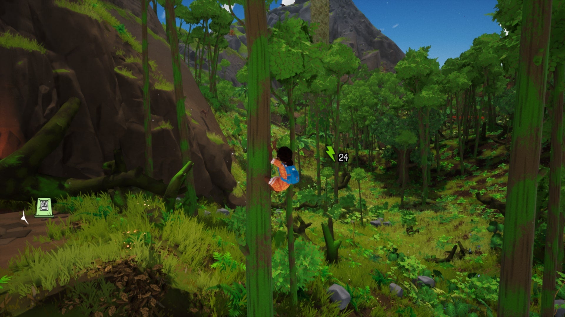 Screenshot of Tchia showing Tchia climbing a tall tree in the jungle
