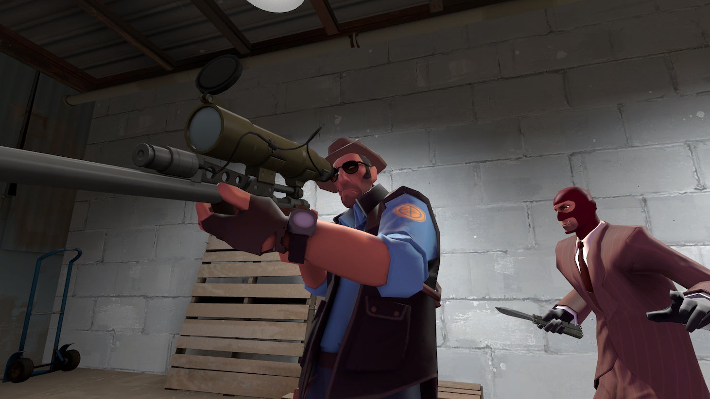 A sniper is getting ambushed in Team Fortress 2