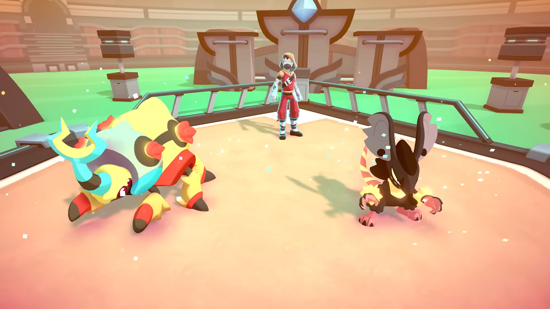 A trainer with two Temtem, one buglike and one mouselike.