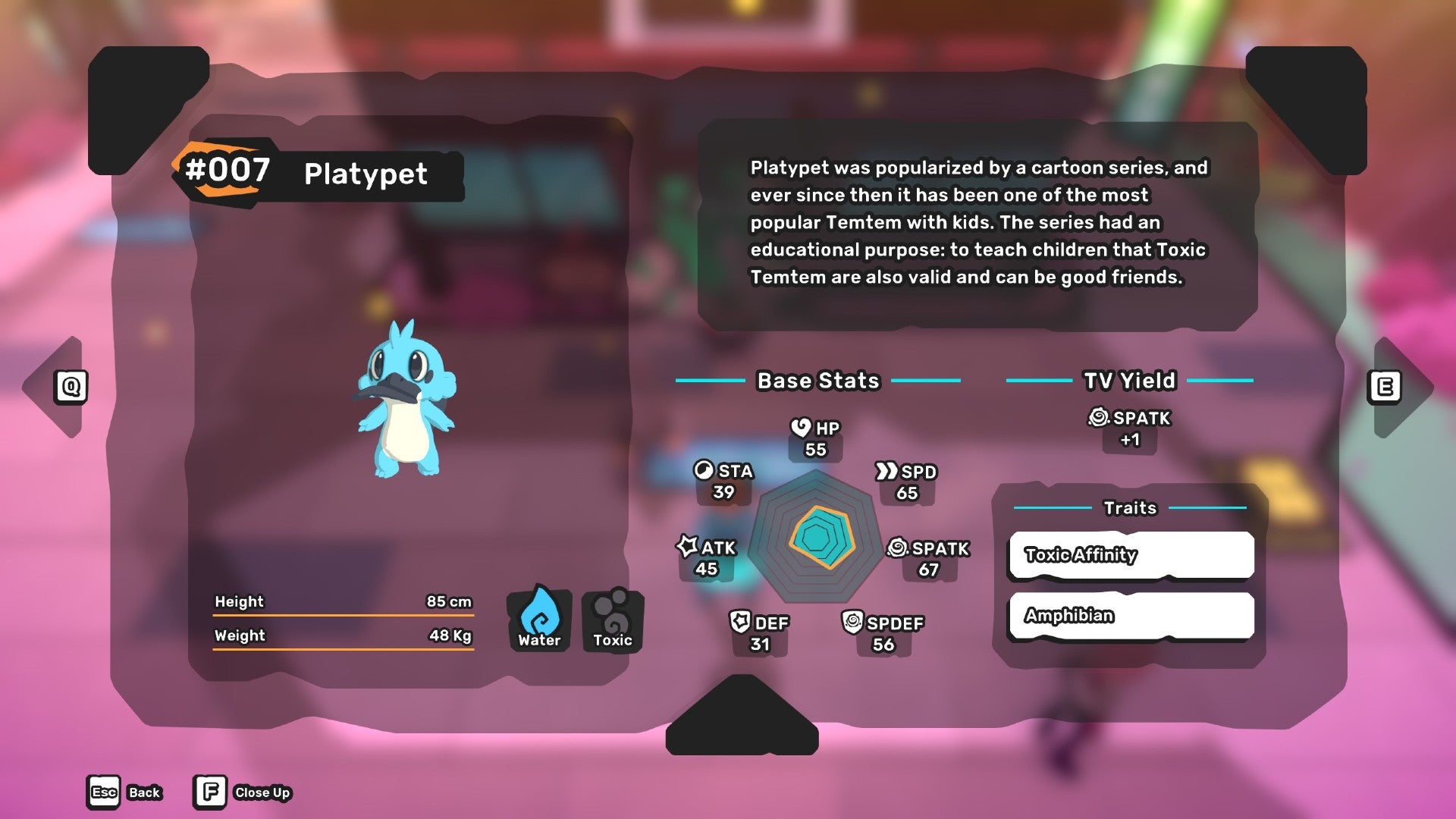 Captura de pantalla de Temtem que muestra la entrada de Tempedia para Platypet, el pato azul de la izquierda.
