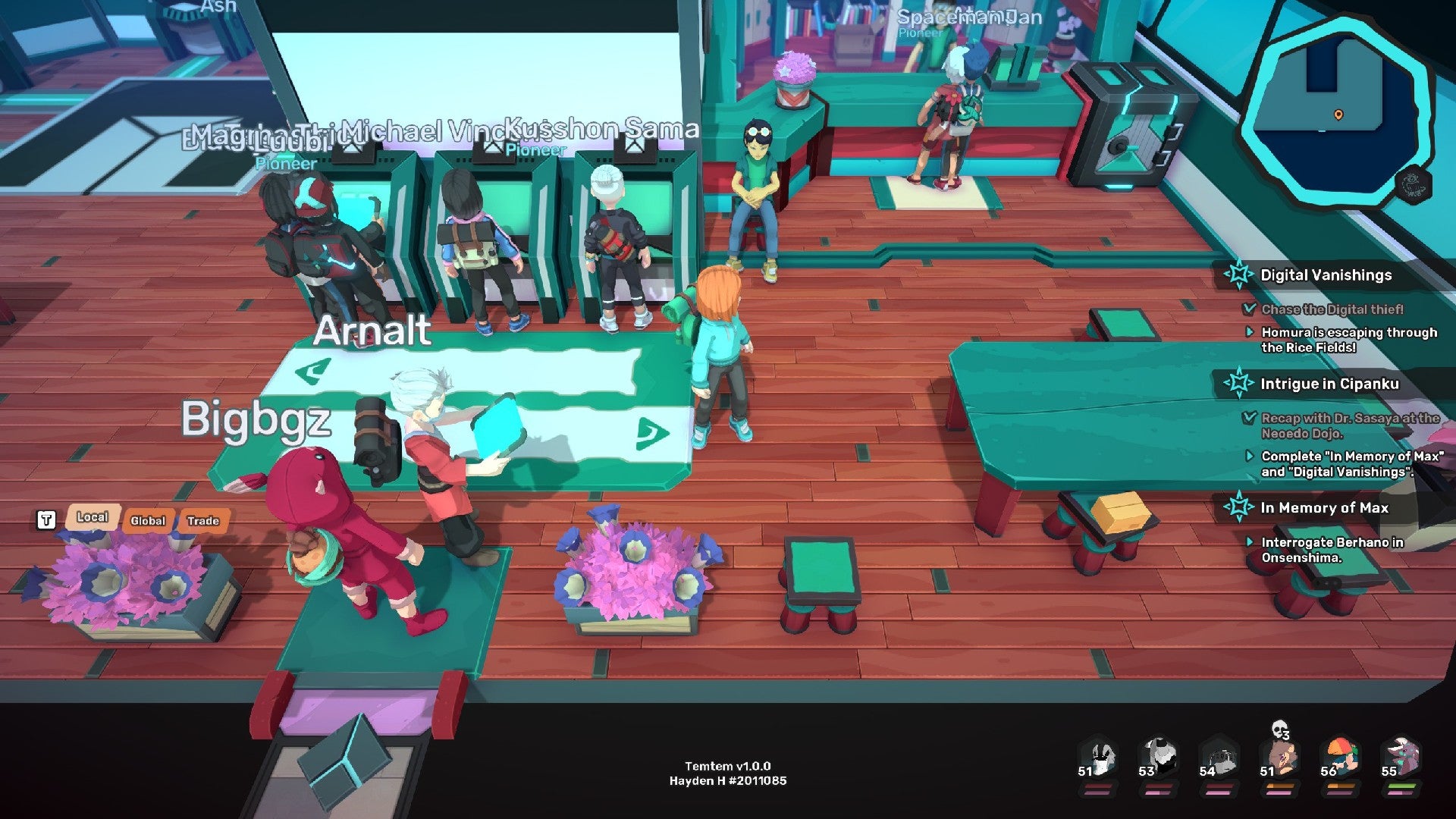 Captura de pantalla de Temtem que muestra un Temporium ocupado, con varios jugadores usando el sistema de almacenamiento o comprando artículos de la tienda.