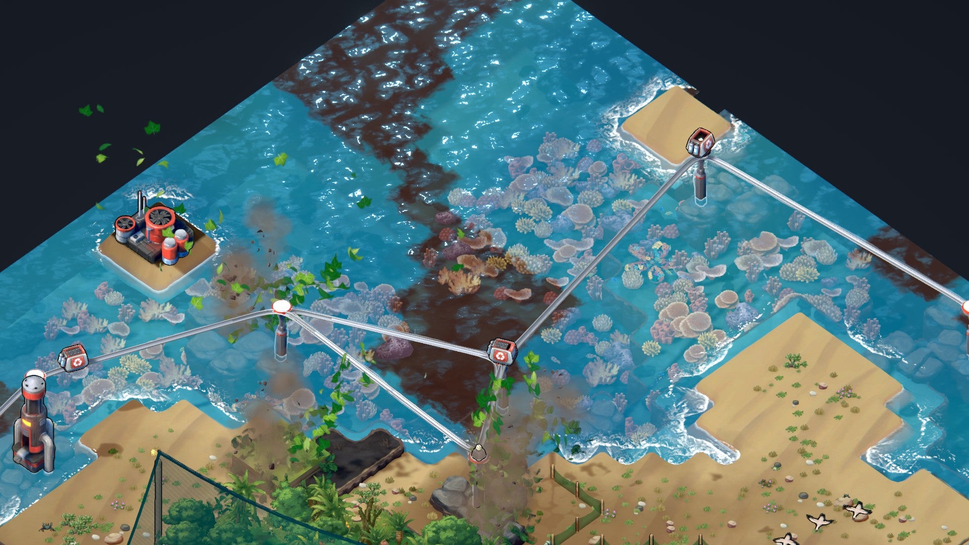 Ein Screenshot von Terra Nil, der Recycling-Monorails zeigt, die sich über Korallenriffen zu Monorail-Knoten verbinden.