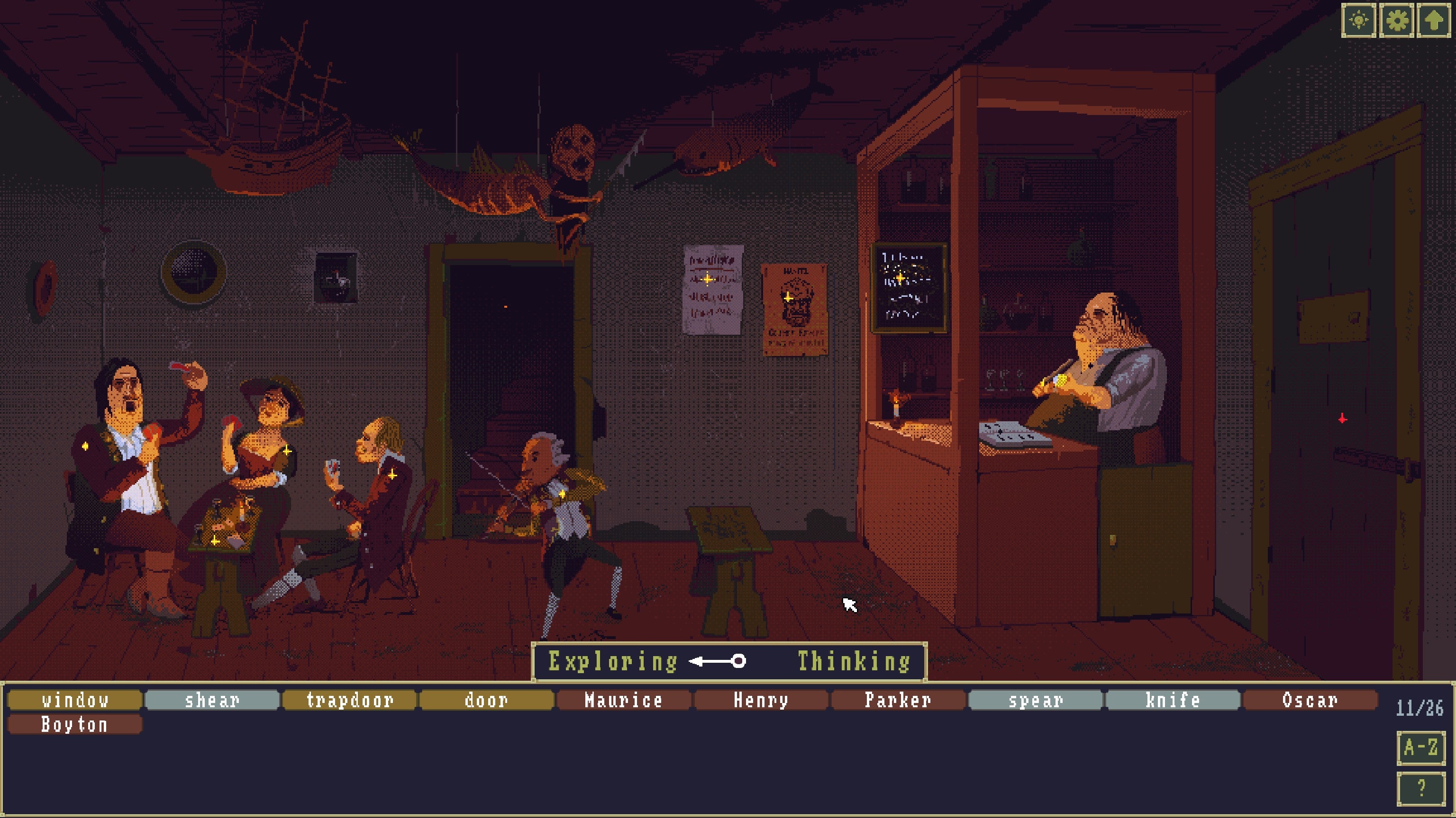 Una escena de bar donde tres campesinos juegan a las cartas mientras escuchan a un hombre tocar un violín en El caso del ídolo dorado.