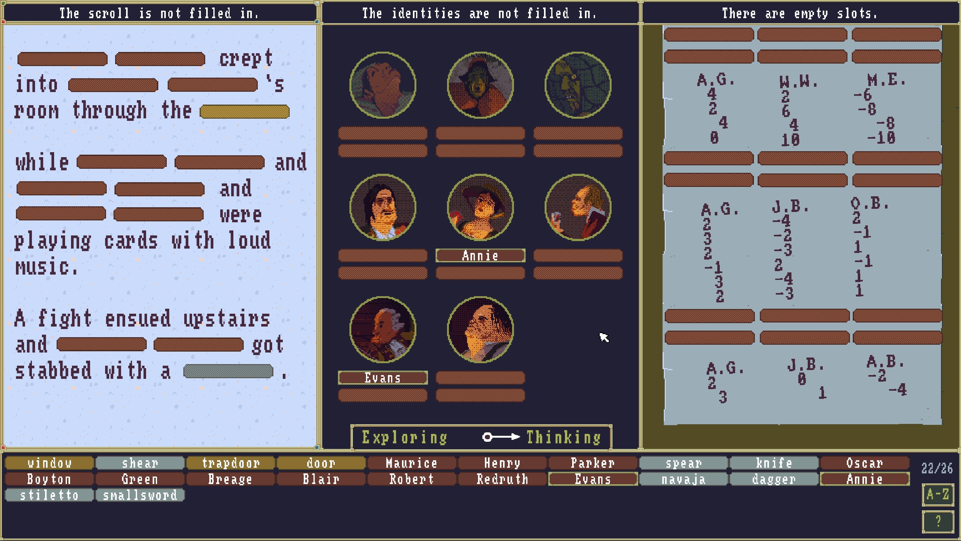 La pantalla está dividida en tres segmentos, con texto, retratos de personajes y una hoja de juego de cartas que el jugador debe completar en El caso del ídolo dorado.