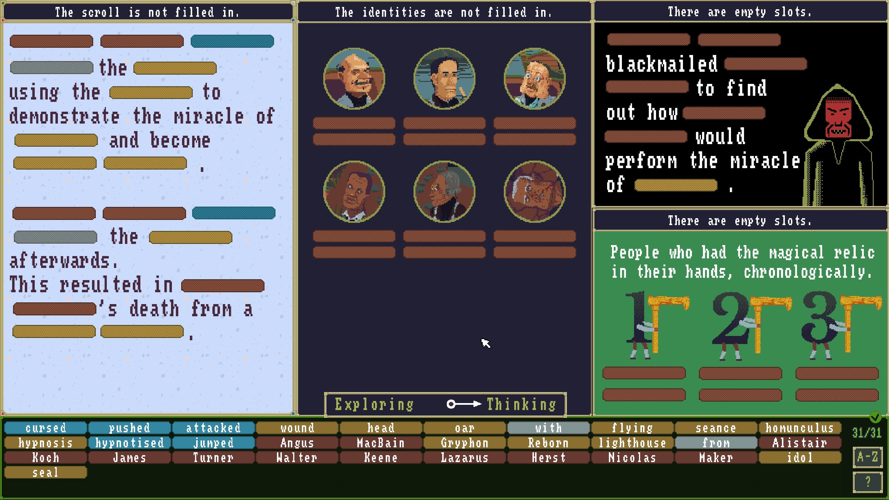 La pantalla está dividida en cuatro segmentos con texto, retratos de personajes y dos acertijos adicionales basados ​​en texto que debe completar el jugador en El caso del ídolo dorado.