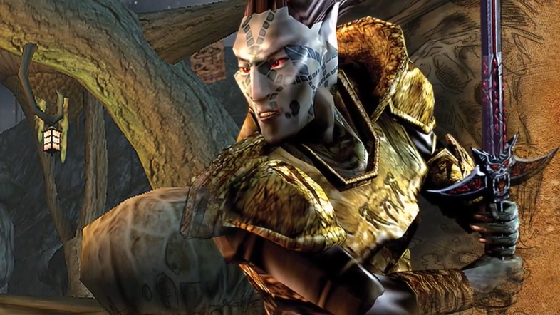 Key art from The Elder Scrolls III: Morrowind GOTY Edition showing a dunmer wearing armour and wielding a sword