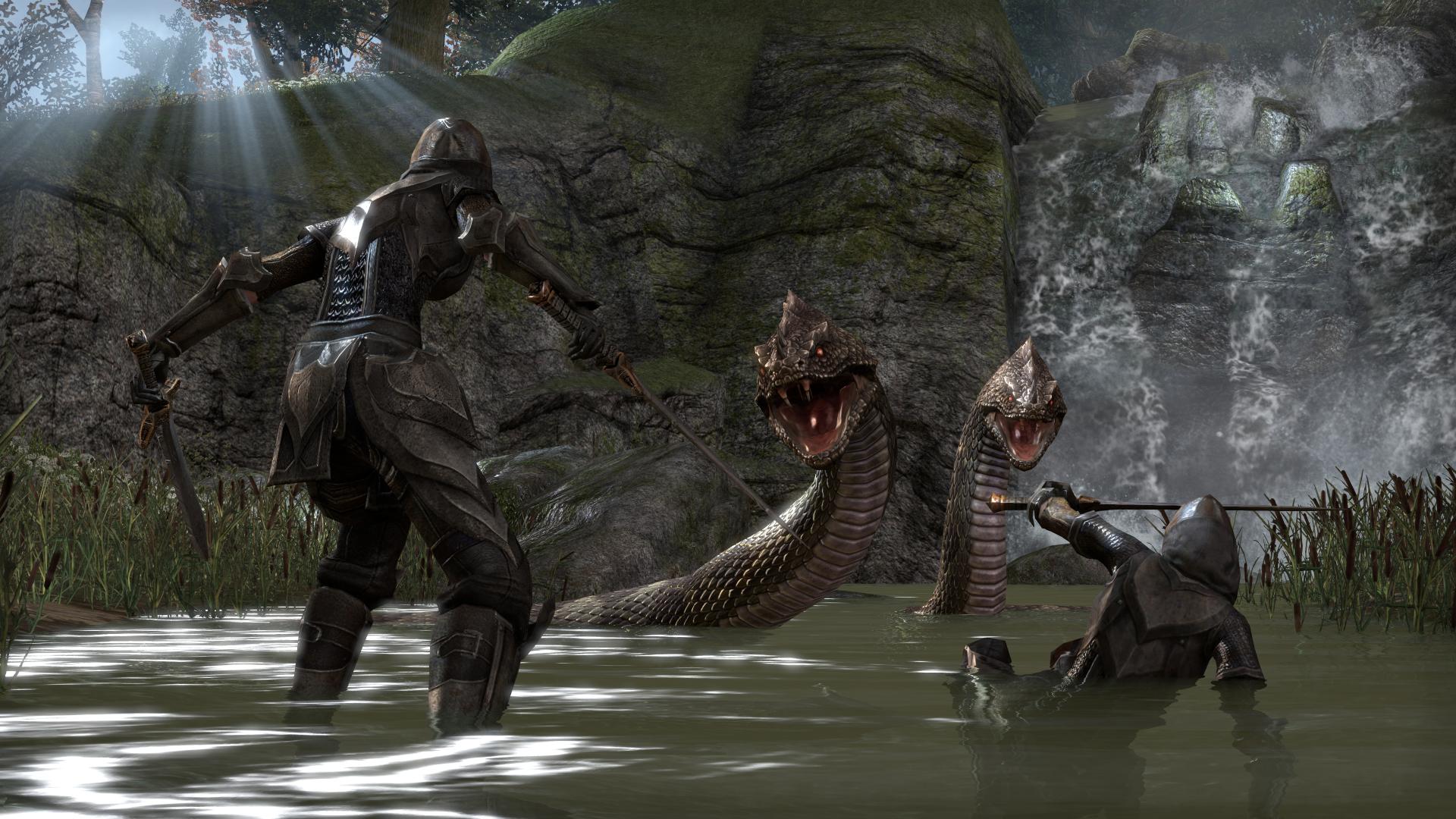 Two warriors fight a giant snake in The Elder Scrolls Online.