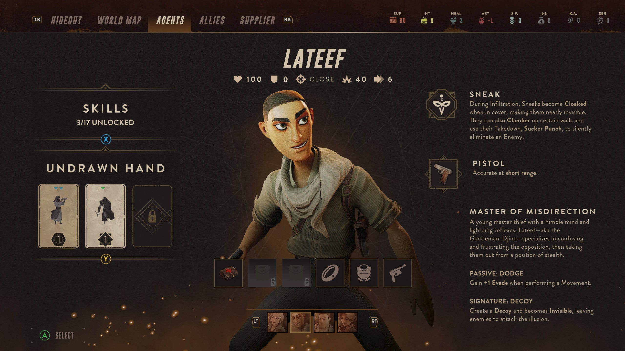 The character menu screen for Lateef in The Lamplighters League