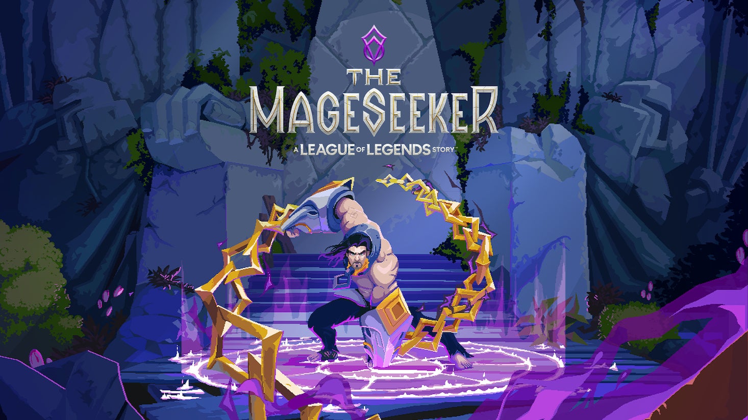 Sylas performs a superhero landing in promo art for The Mageseeker: A League Of Legends Story