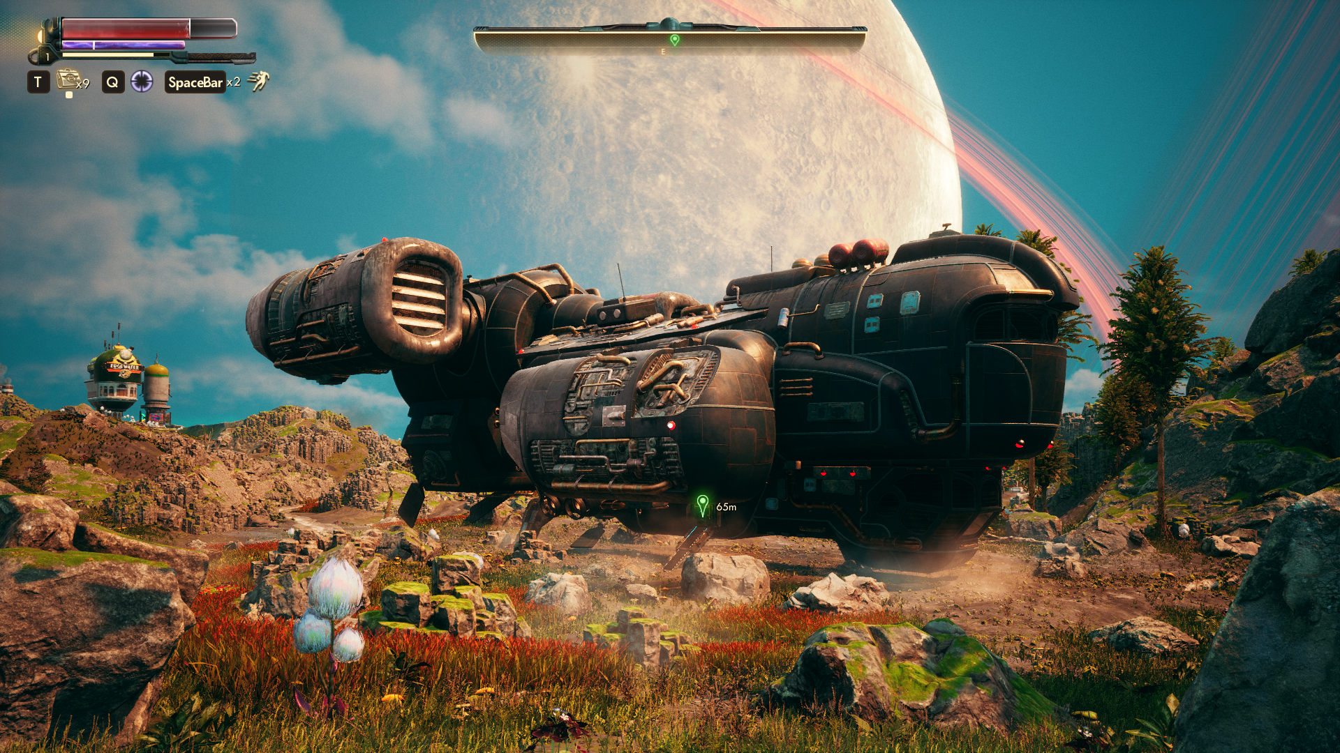 Your spaceship, the Unreliable, sits in a field in The Outer Worlds: Spacer’s Choice Edition.