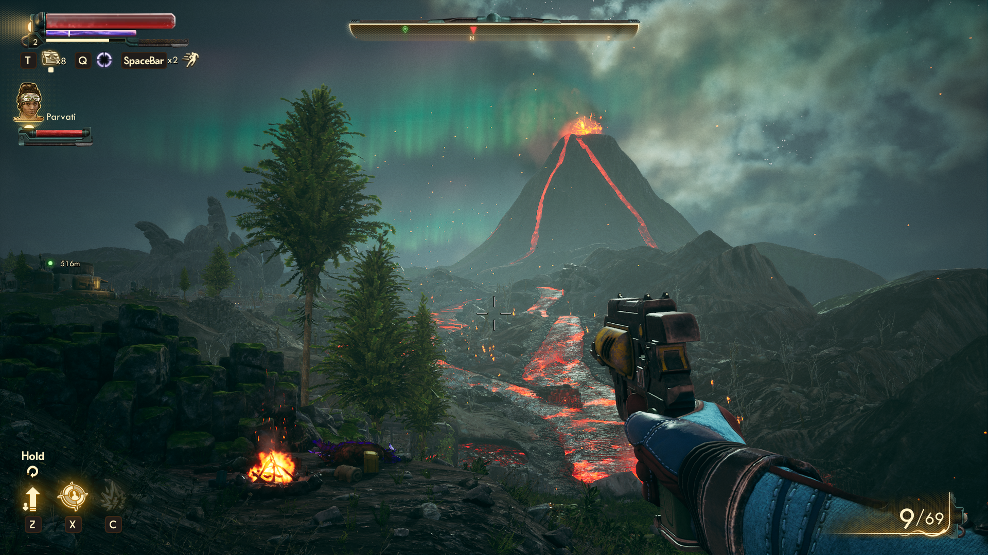 Looking out over flowing lava in a night time scene from The Outer Worlds: Spacer’s Choice Edition.