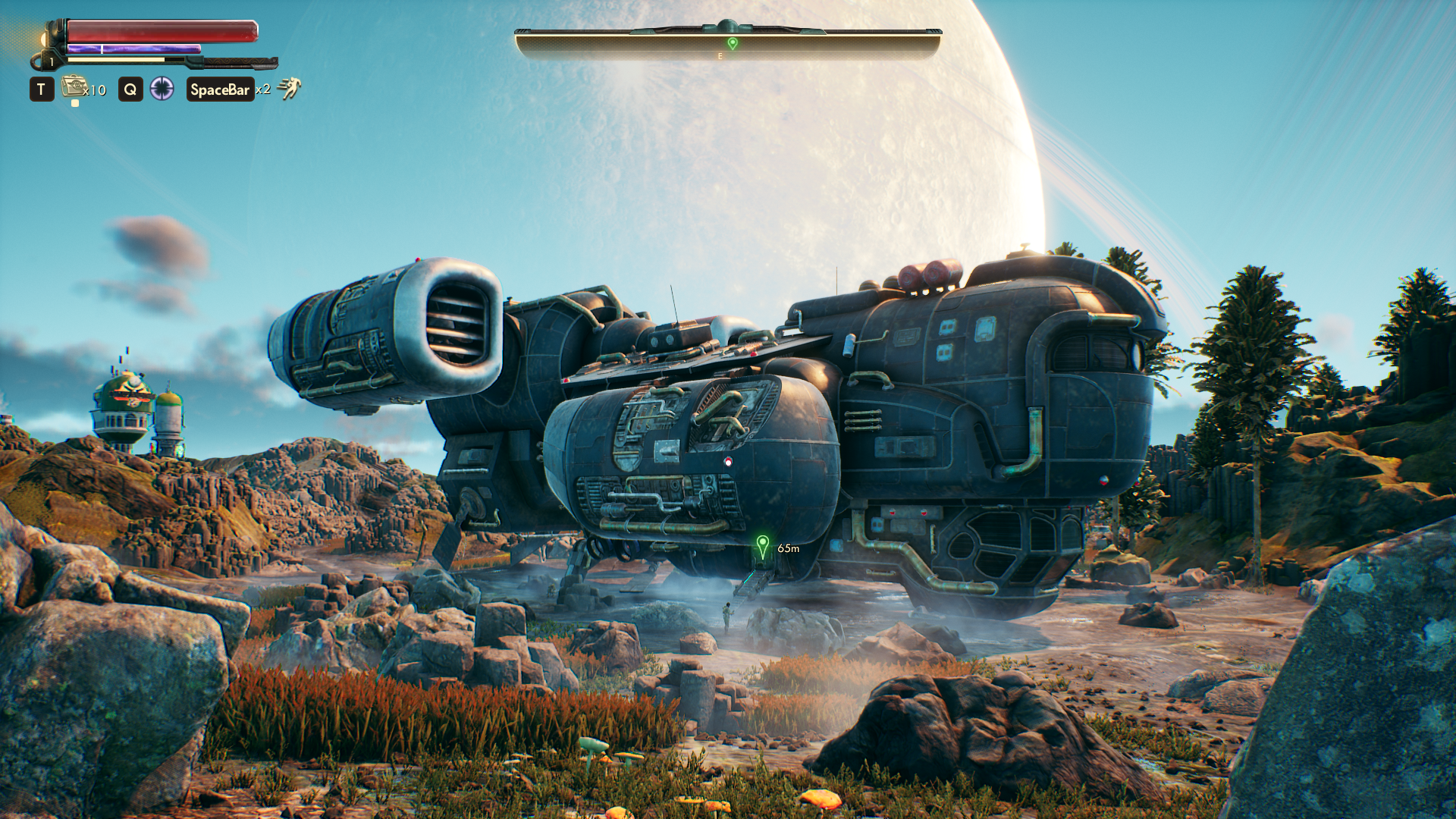 Your spaceship, the Unreliable, sits in a field in The Outer Worlds.