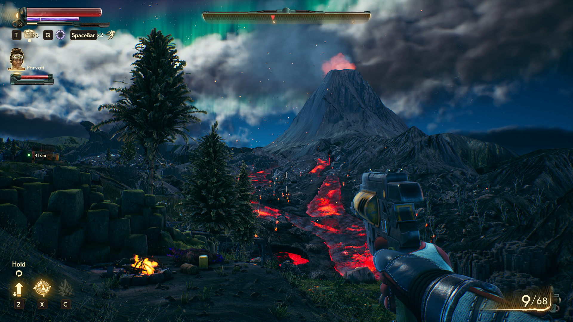Looking out over flowing lava in a night time scene from The Outer Worlds.
