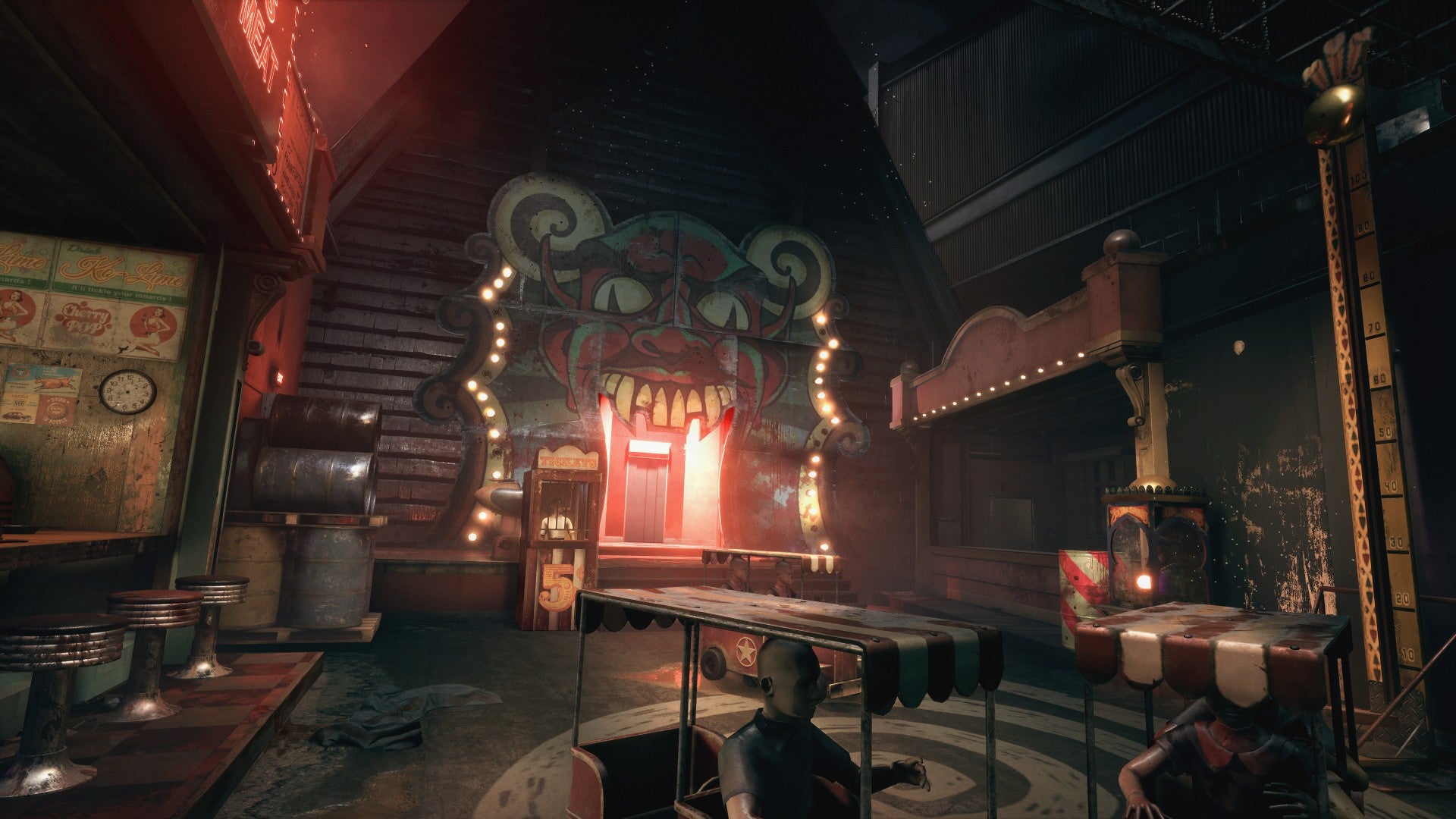 The Outlast Trials screenshot showing mannequins riding in caddies around a fairground-themed room.