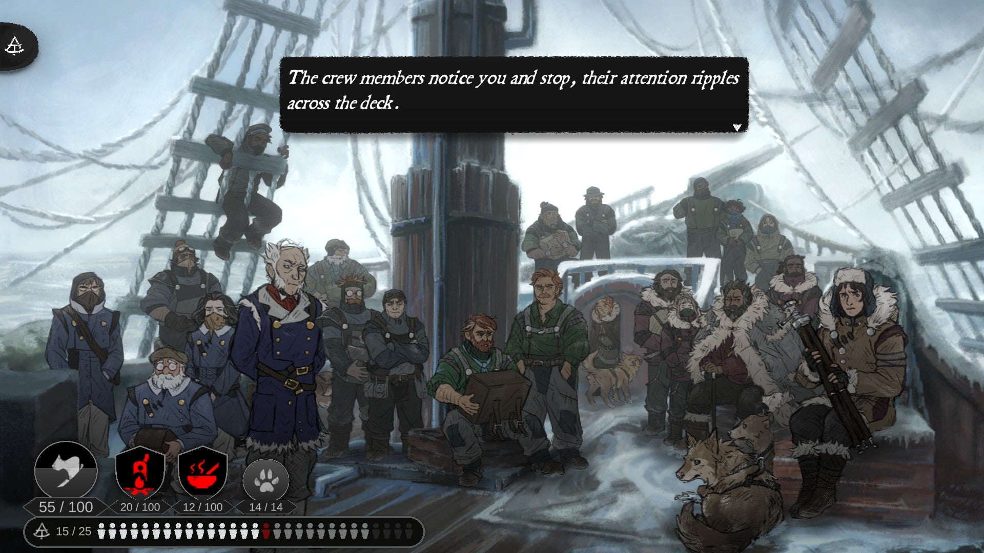 The crew gathers on the deck of a steam ship in The Pale Beyond