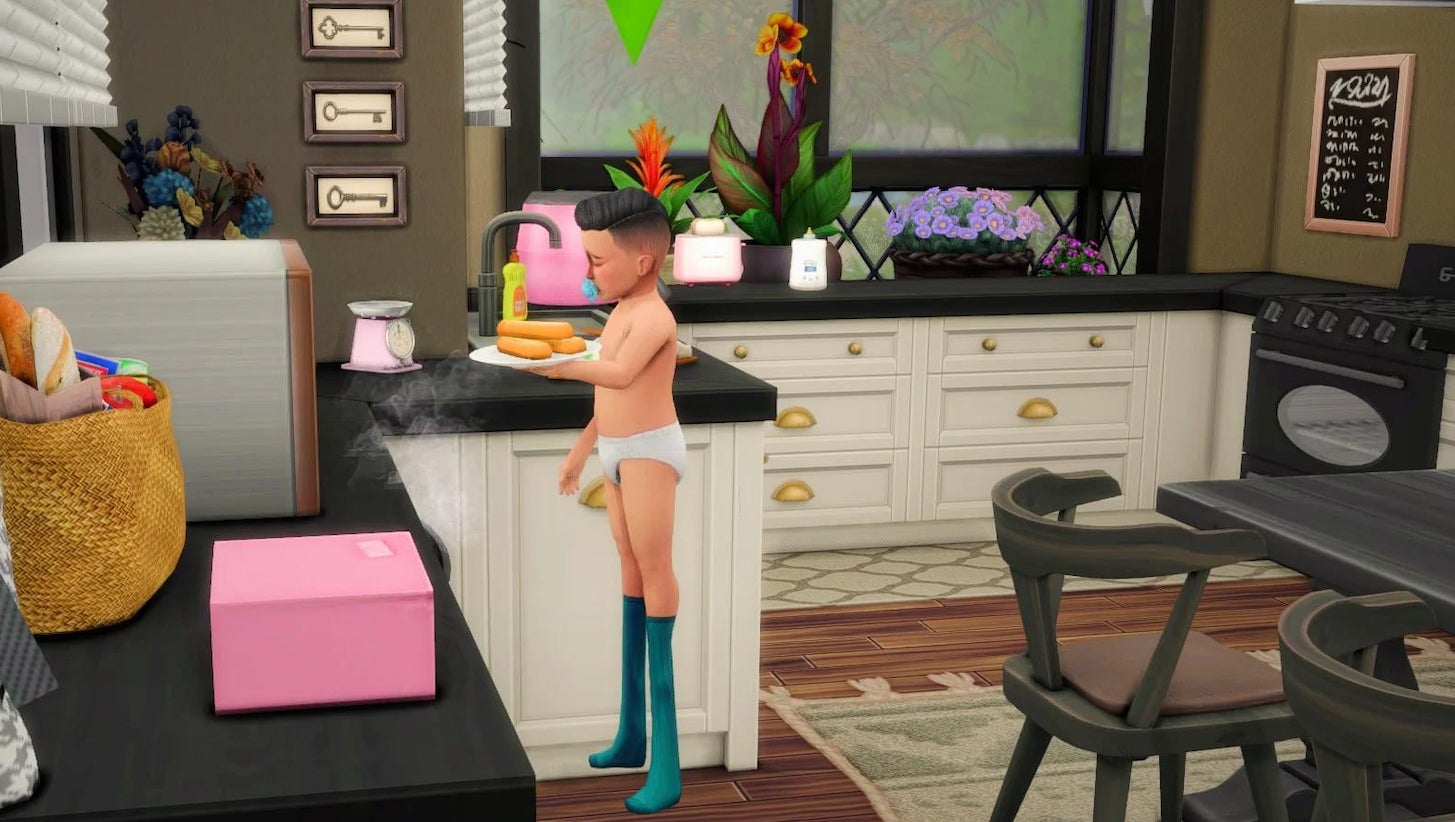 An infant with elongated legs microwaves pizza rolls in The Sims 4 Growing Together Expansion.