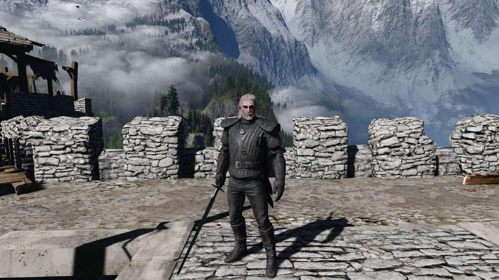 Captura de pantalla de Witcher 3 que muestra a Geralt con la nueva armadura de Netflix.