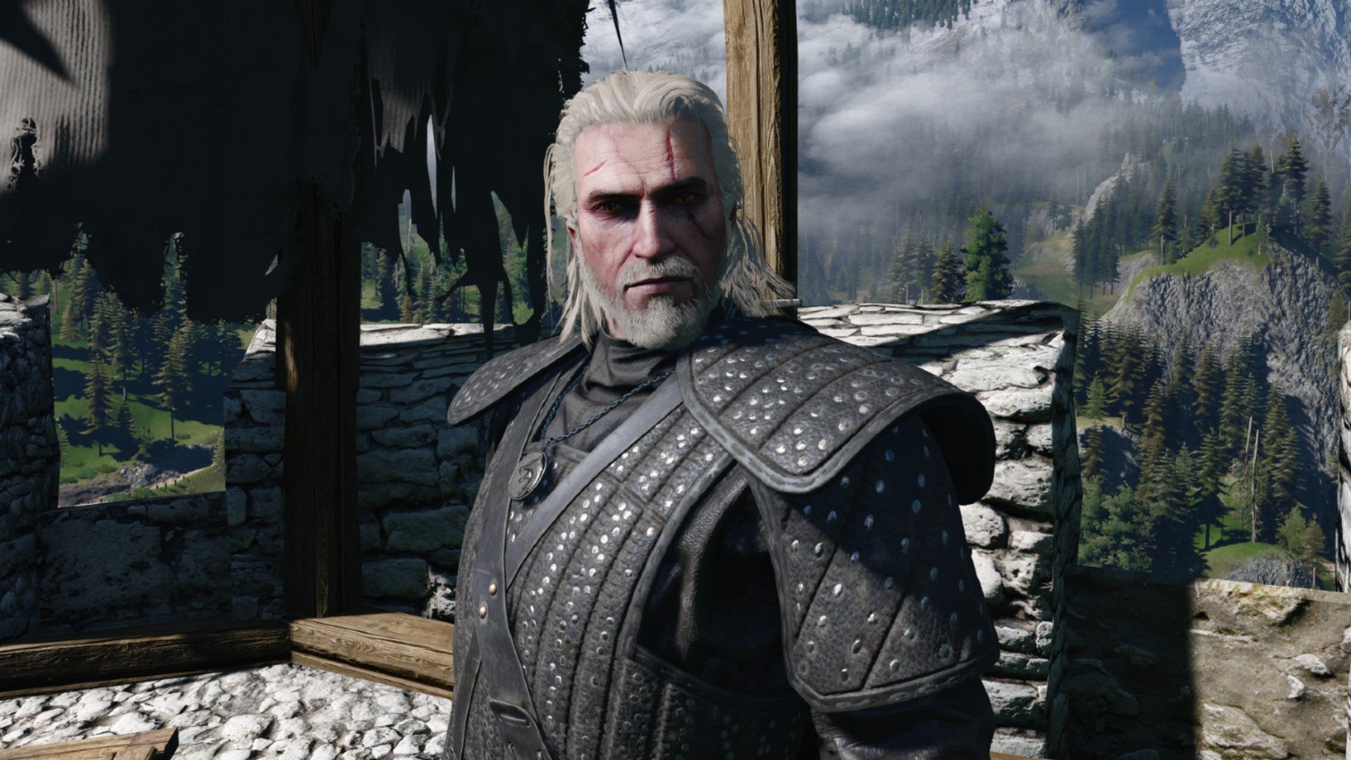 Close up image of Geralt in the Witcher 3, wearing the new Netflix armor.