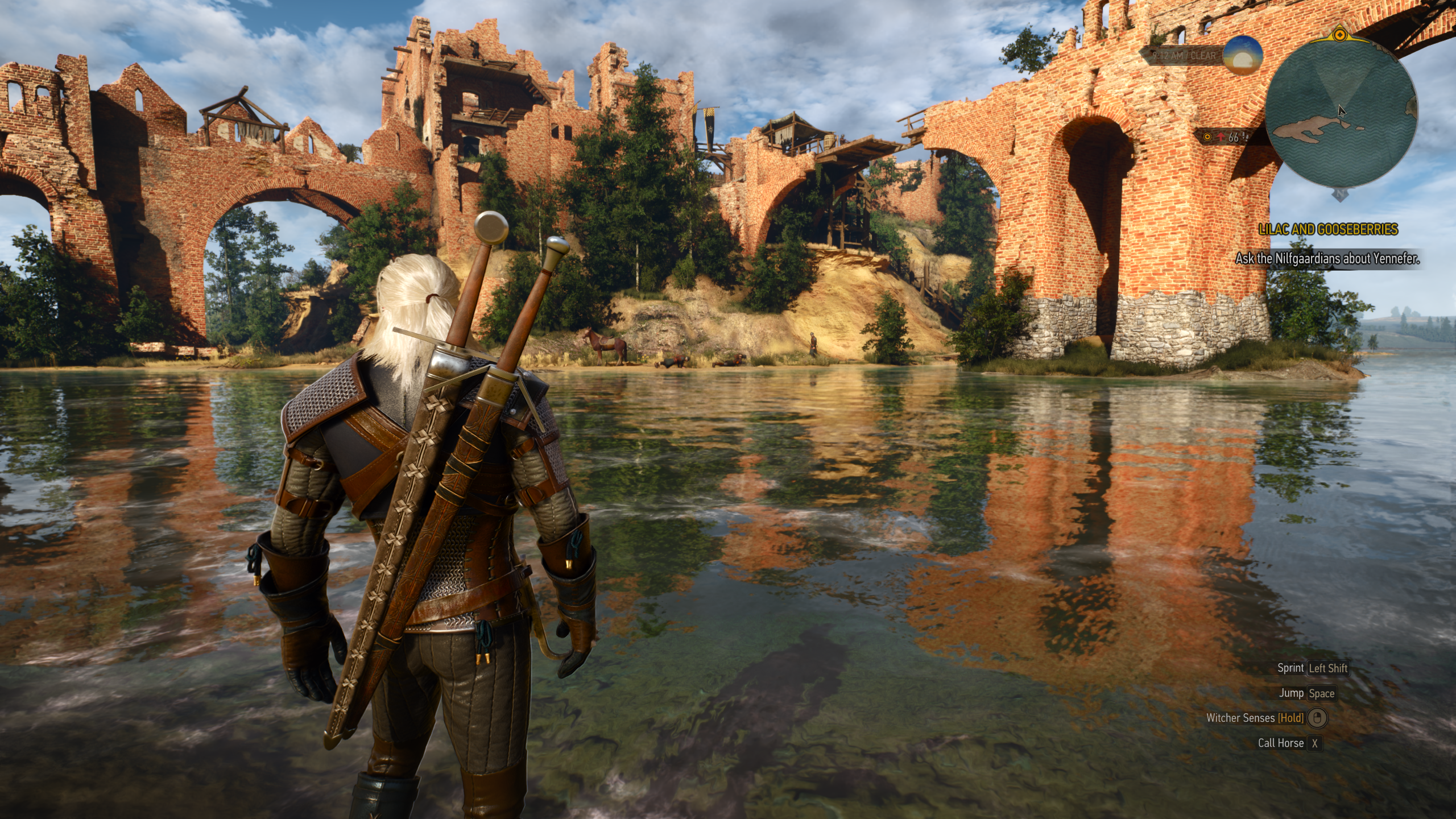 Uma guarnição à beira do lago em The Witcher 3: Wild Hunt, rodando no modo RT Ultra após a atualização de última geração.