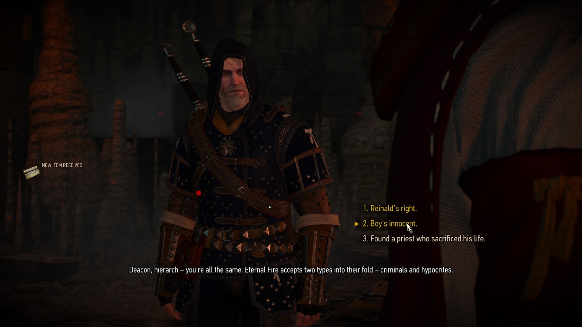 Witcher 3 screenshot showing the "Boy's Innocent" dialogue option.
