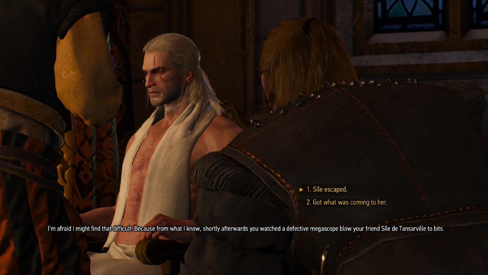 Captura de pantalla de Witcher 3 que muestra la cuarta opción de diálogo en la conversación simulada de Witcher 2.