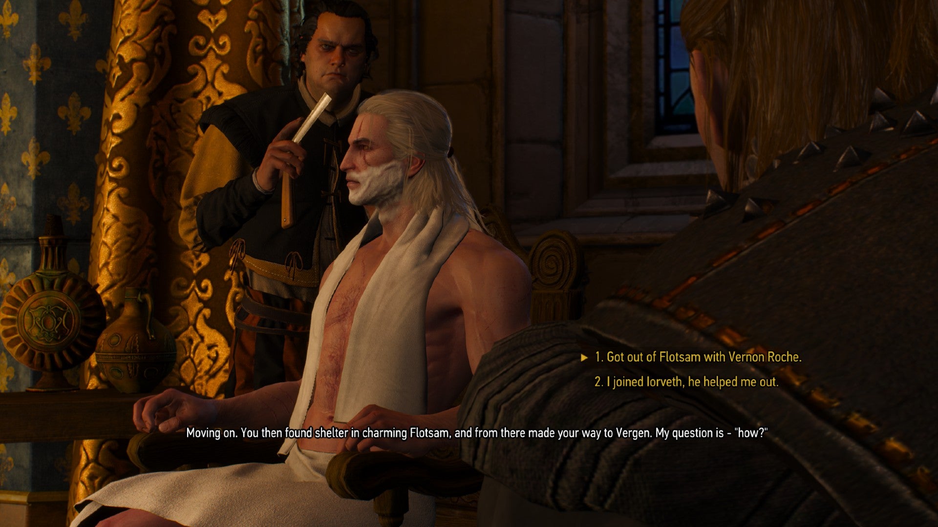 La captura de pantalla de Witcher 3 que muestra la segunda opción de diálogo en la conversación simulada de Witcher 2.
