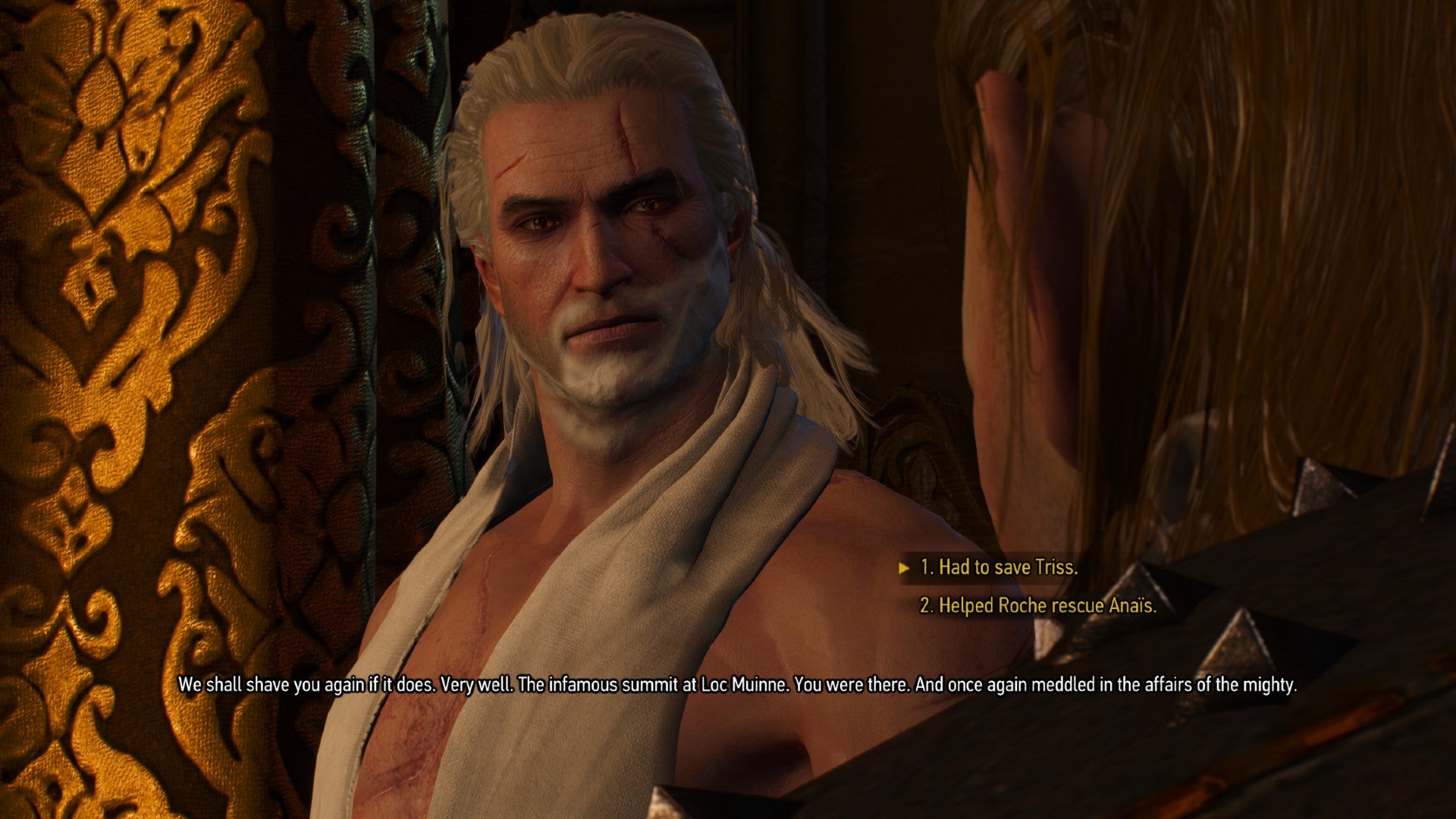 The Witcher 3 screenshot showing the third dialogue choice in the simulate witcher 2 conversation.