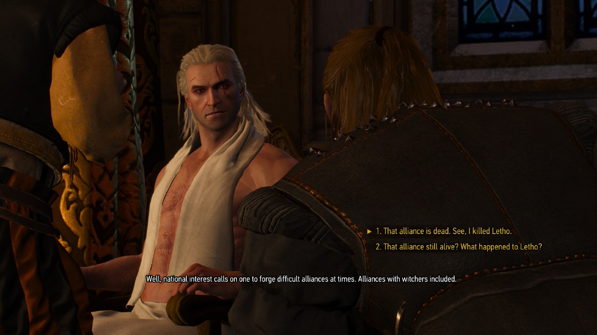 Captura de pantalla de Witcher 3 que muestra la quinta opción de diálogo en la conversación simulada de Witcher 2.