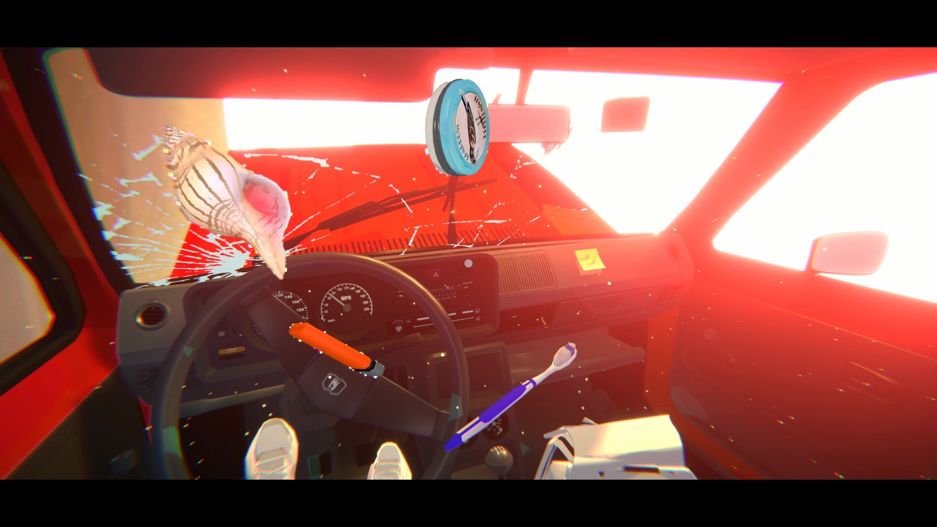 The interior of a car mid-crash, with objects tumbling in front of the driver's face in The Wreck