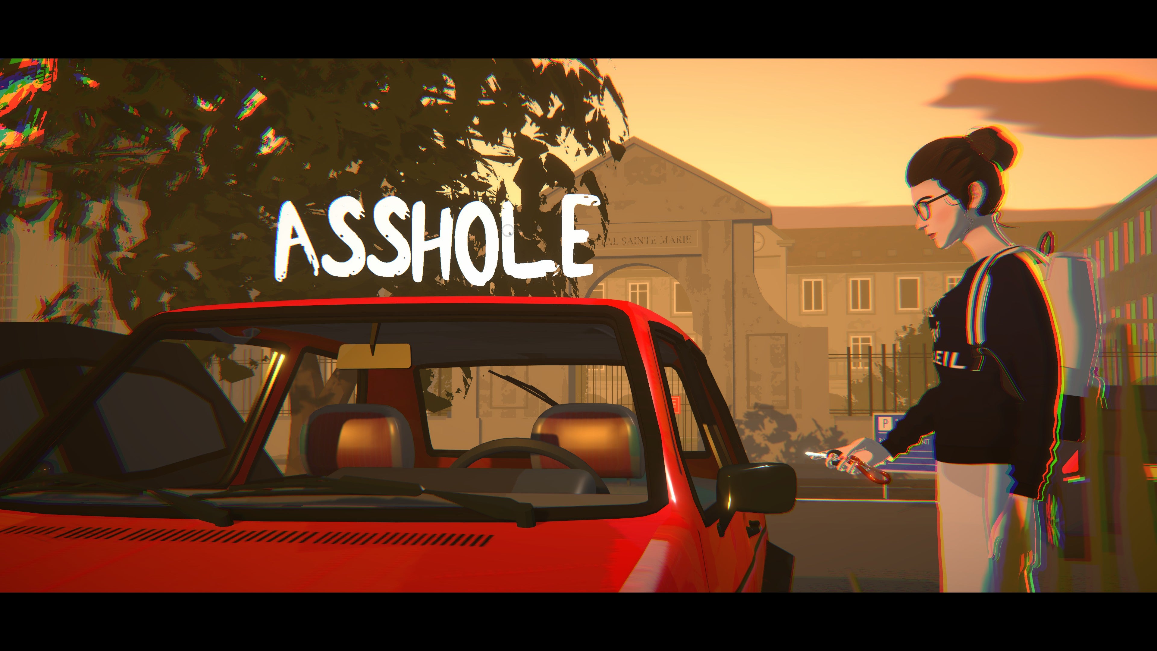 Una mujer se sube a su auto rojo en The Wreck, la palabra ASSOLE flota sobre el techo del auto.
