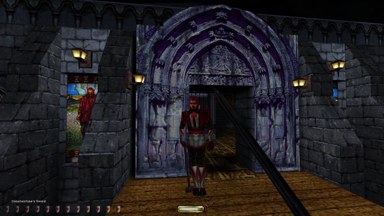 Screenshot of first person stealth sim Thief: The Dark Project.  The player was spotted by a Hammerite, a religious soldier wearing gilded and silver armor