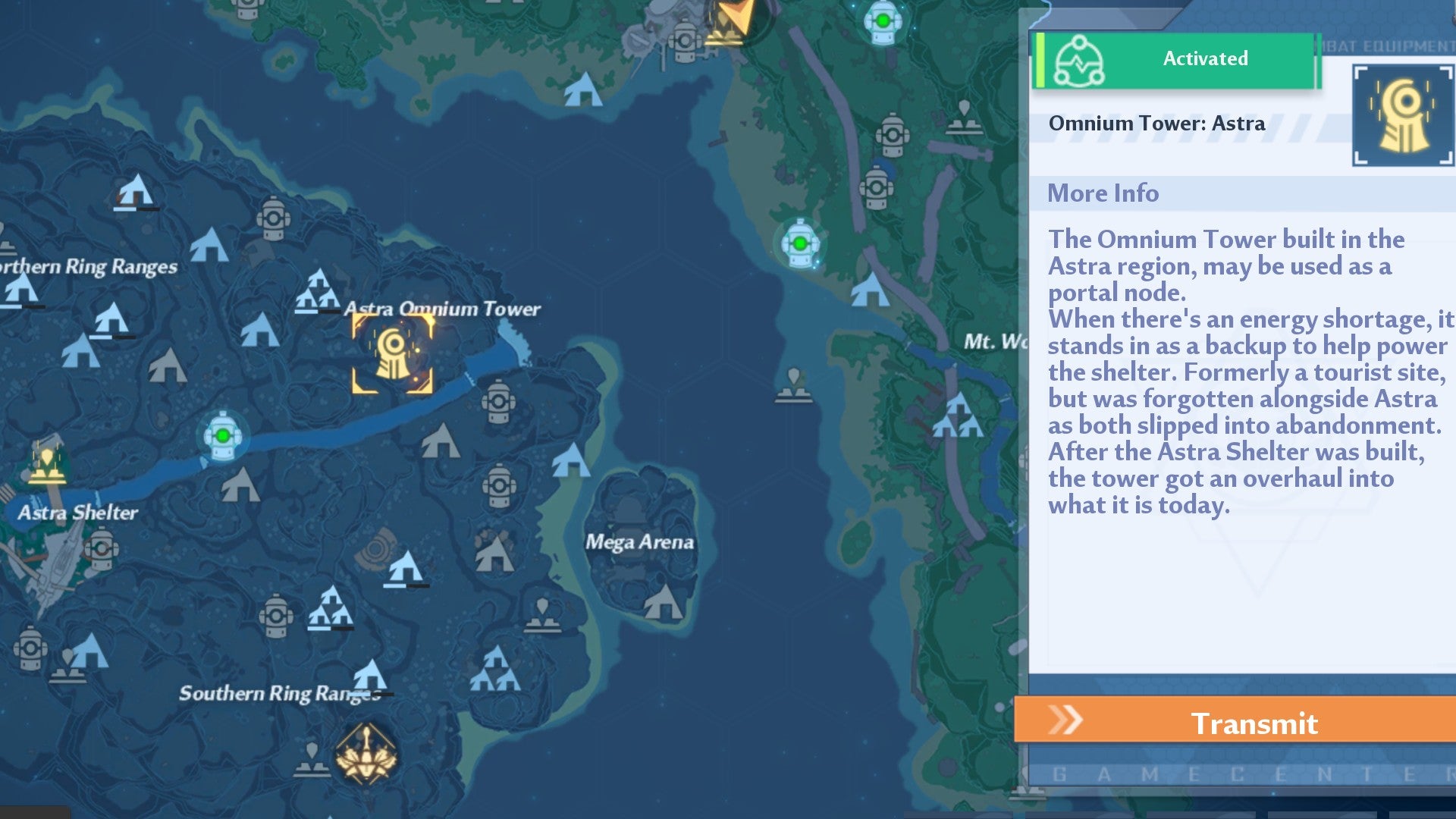 Tower of Fantasy screenshot showing the Astra Omnium Tower location, with the marker surrounded by a golden box.
