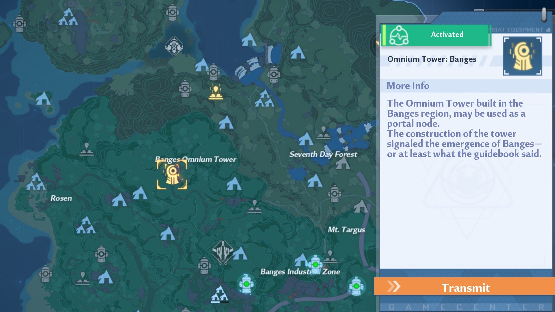 Tower of Fantasy screenshot showing the location of the Banges Omnium Tower, with the marker surrounded by a gold box.