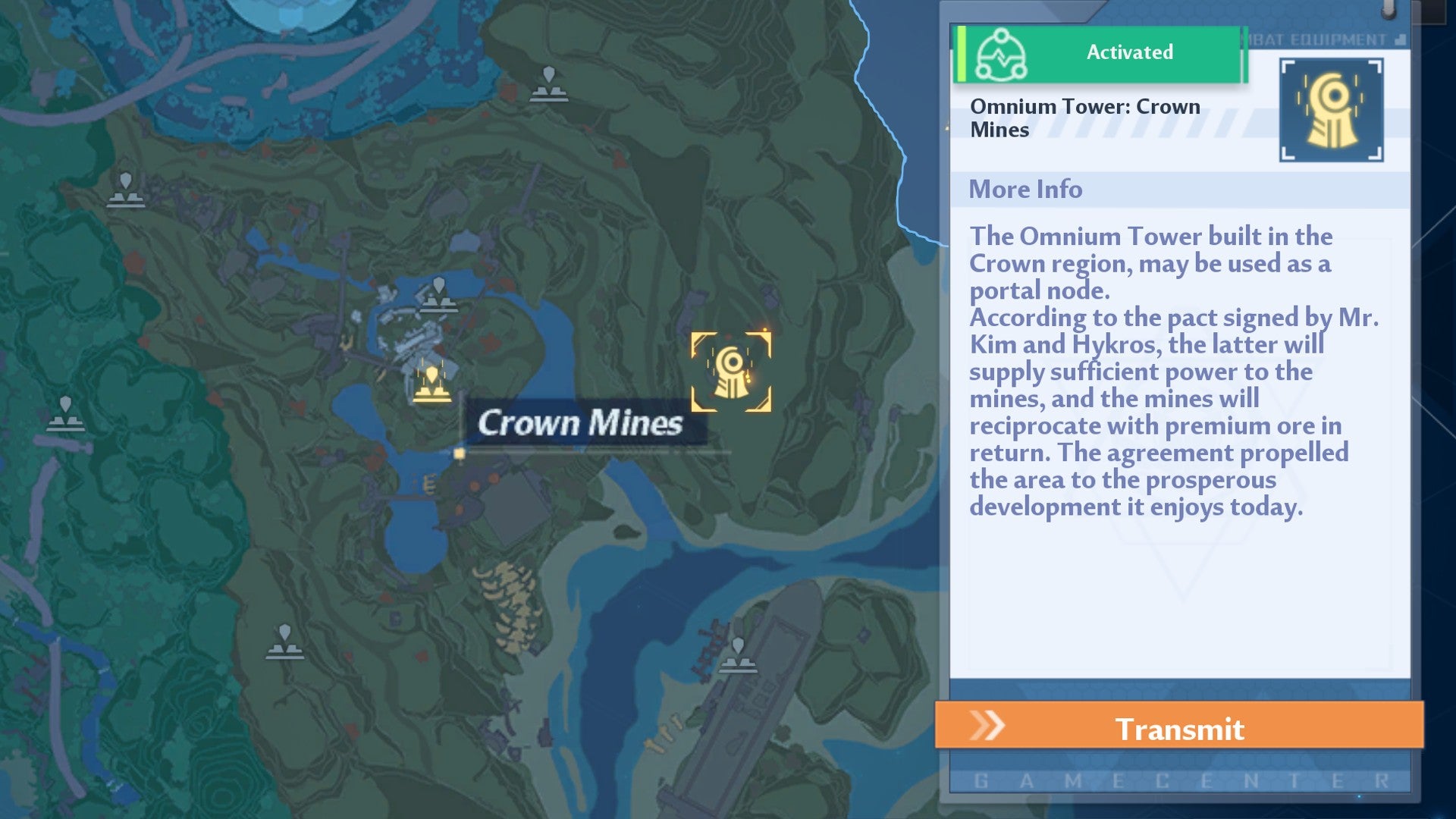 Tower of Fantasy screenshot showing the Crown Mines Omnium Tower location, with the marker surrounded by a gold box.