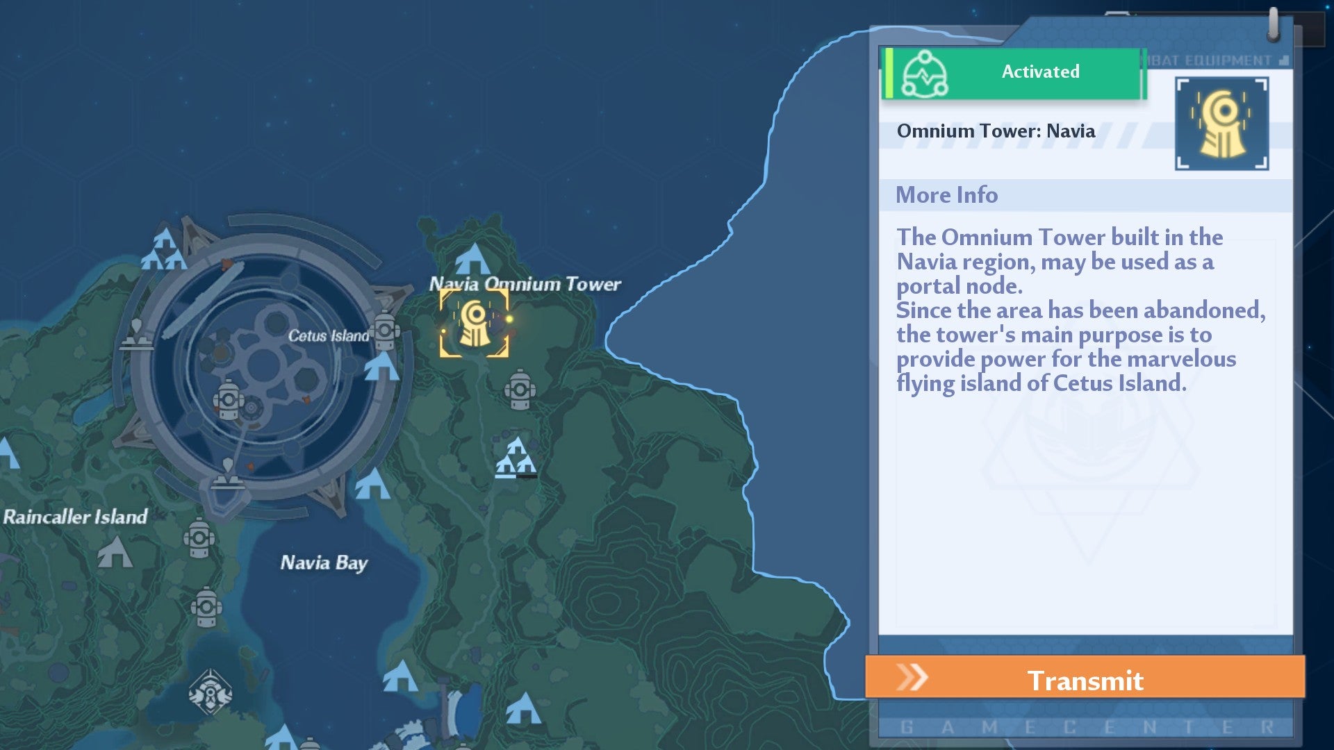 Tower of Fantasy screenshot showing the Navia Omnium Tower location marked by a gold box.