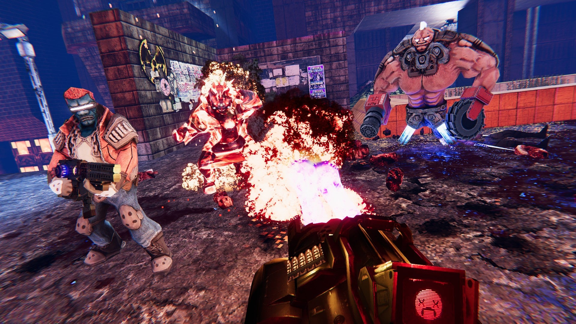 Player spews flames from a flamethrower towards three beefy grunts in Turbo Overkill.