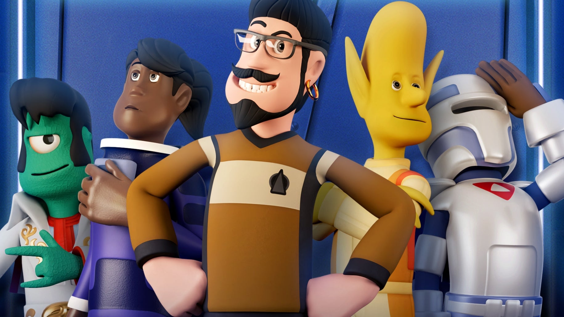 Key art from Two Point Campus' Space Academy expansion showing Captain Roderick Cushion, Space Elvis, a Space Knight, an alien, and an astronaut student
