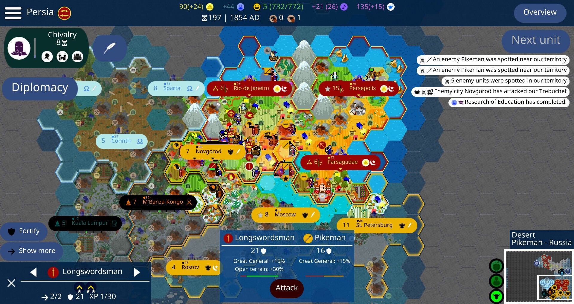 A screenshot from open-source 4X strategy game Unciv showing a battle taking place