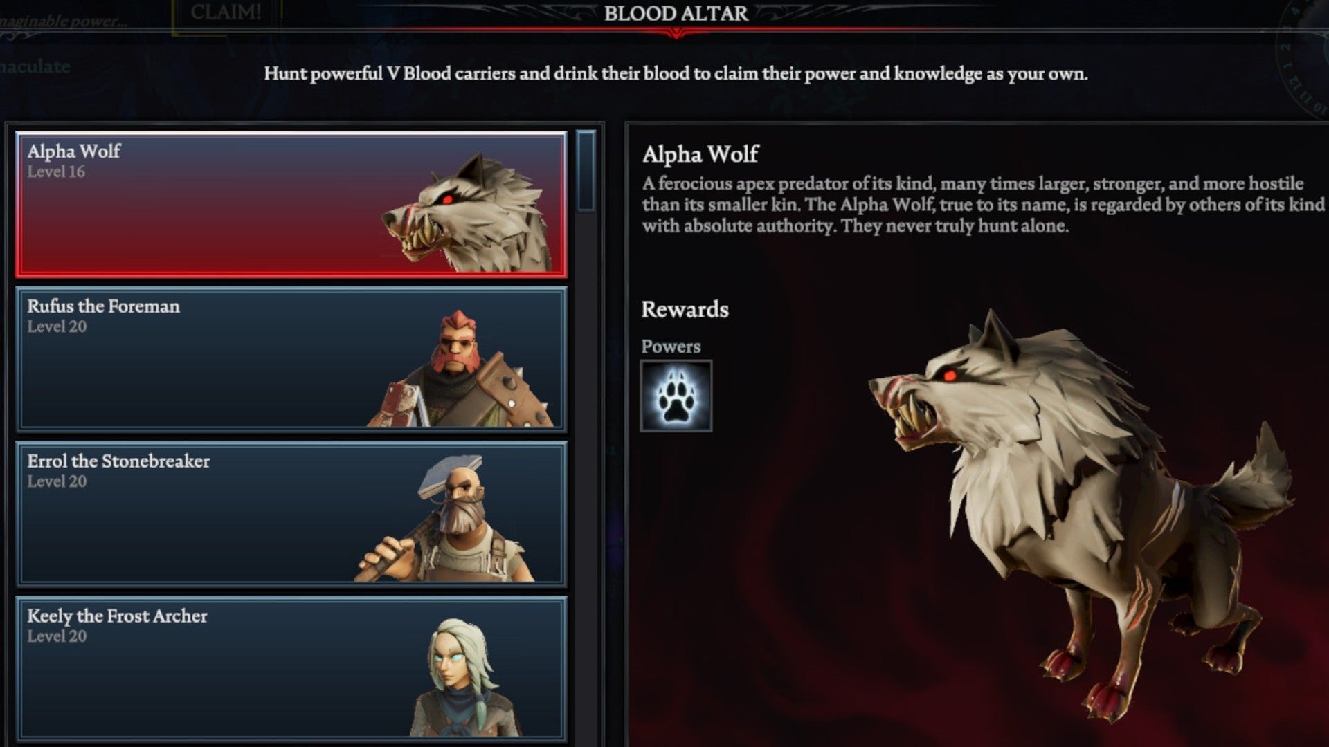 Halaman pelacakan V Rising Alpha Wolf Blood Altar, menampilkan gambar serigala alpha yang menggeram di sebelah kanan dan daftar bos di sebelah kiri