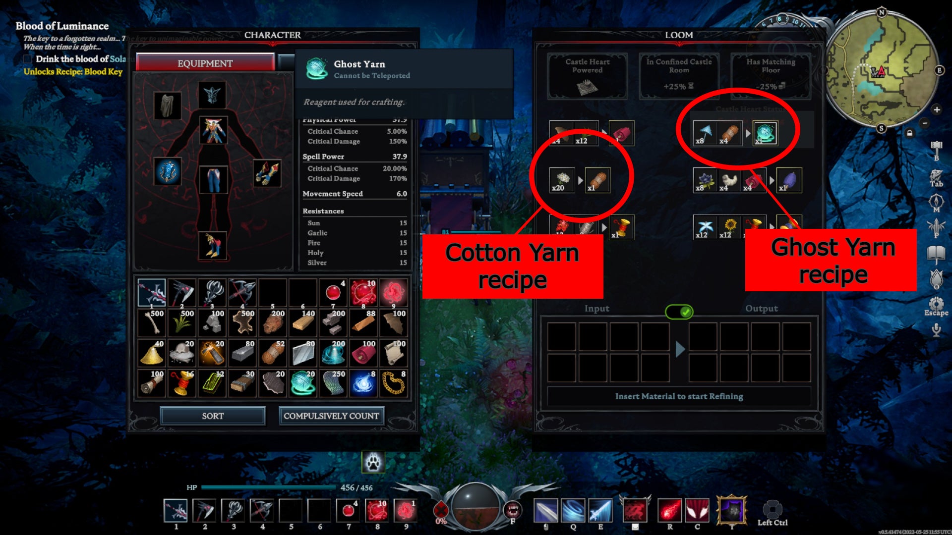 V Rising screenshot showing the Loom interface, with the Ghost Yarn and Cotton Yarn recipes circled in red.