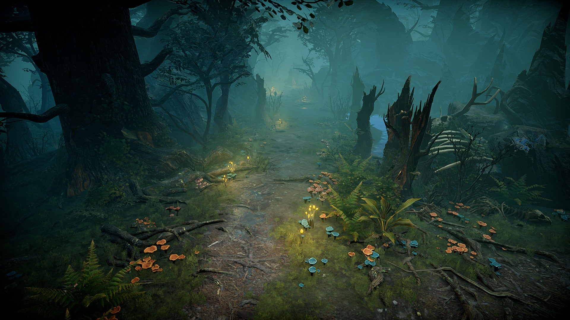 V Rising image showing a murky forest with mushrooms growing across the ground