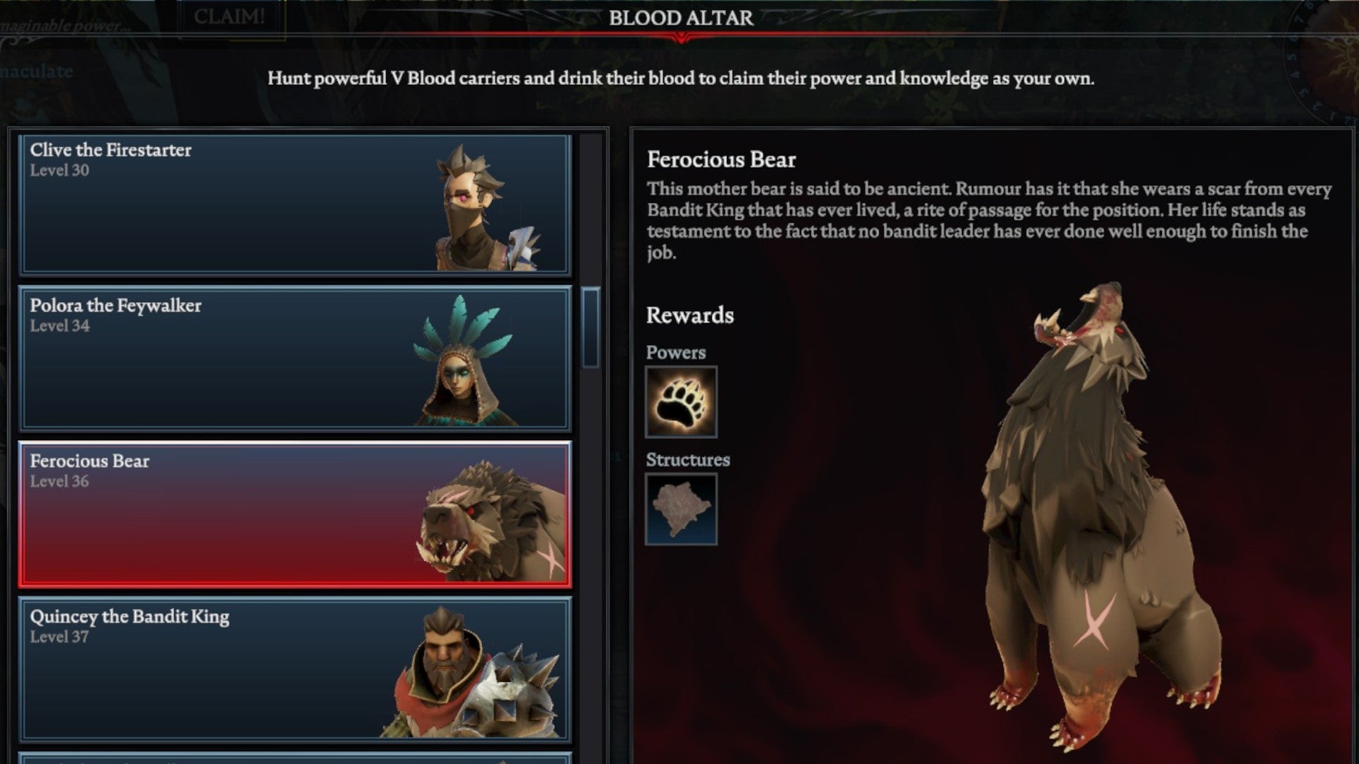 V Rising Ferocious Bear Blood Altar tracking page, showing an image of the roaring ferocious bear on the right and a list of bosses on the left