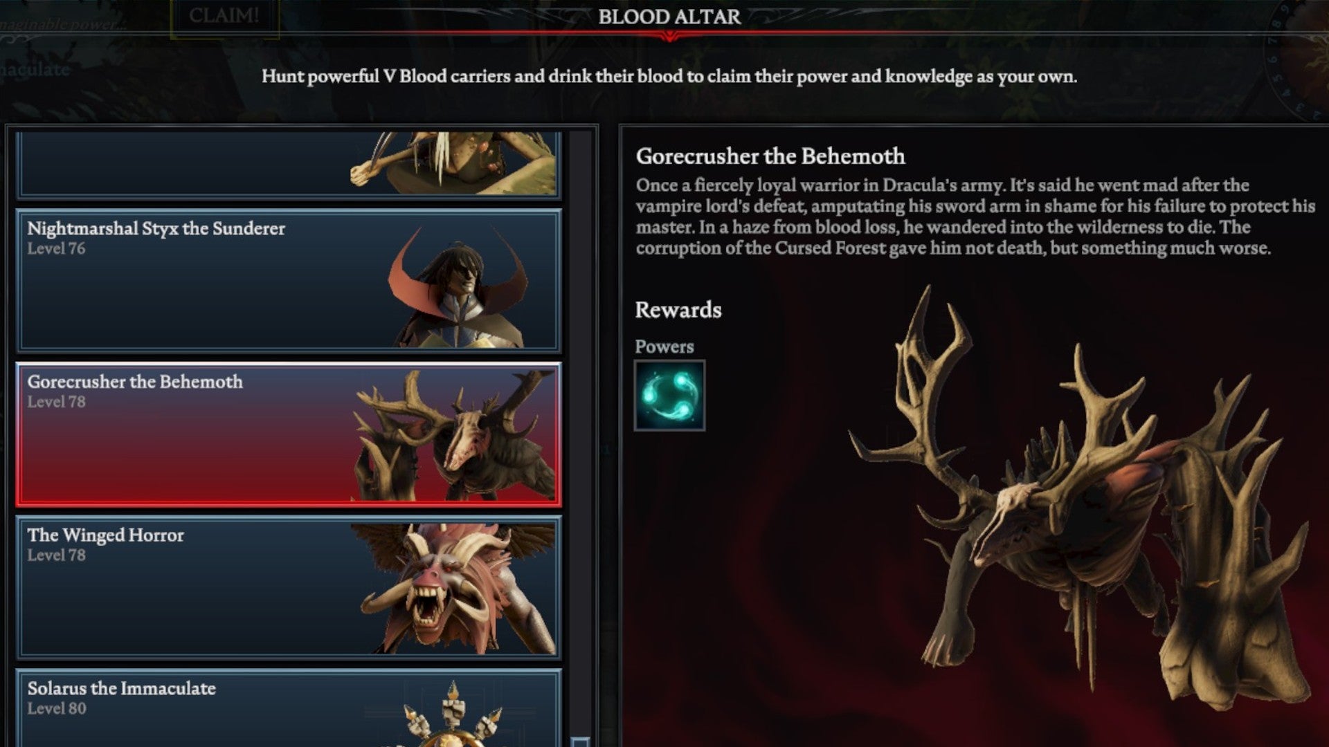 V Rising Gorecrusher the Behemoth Blood Altar tracking page, showing an image of a twisted tree with a deer head on the right and a list of bosses on the left