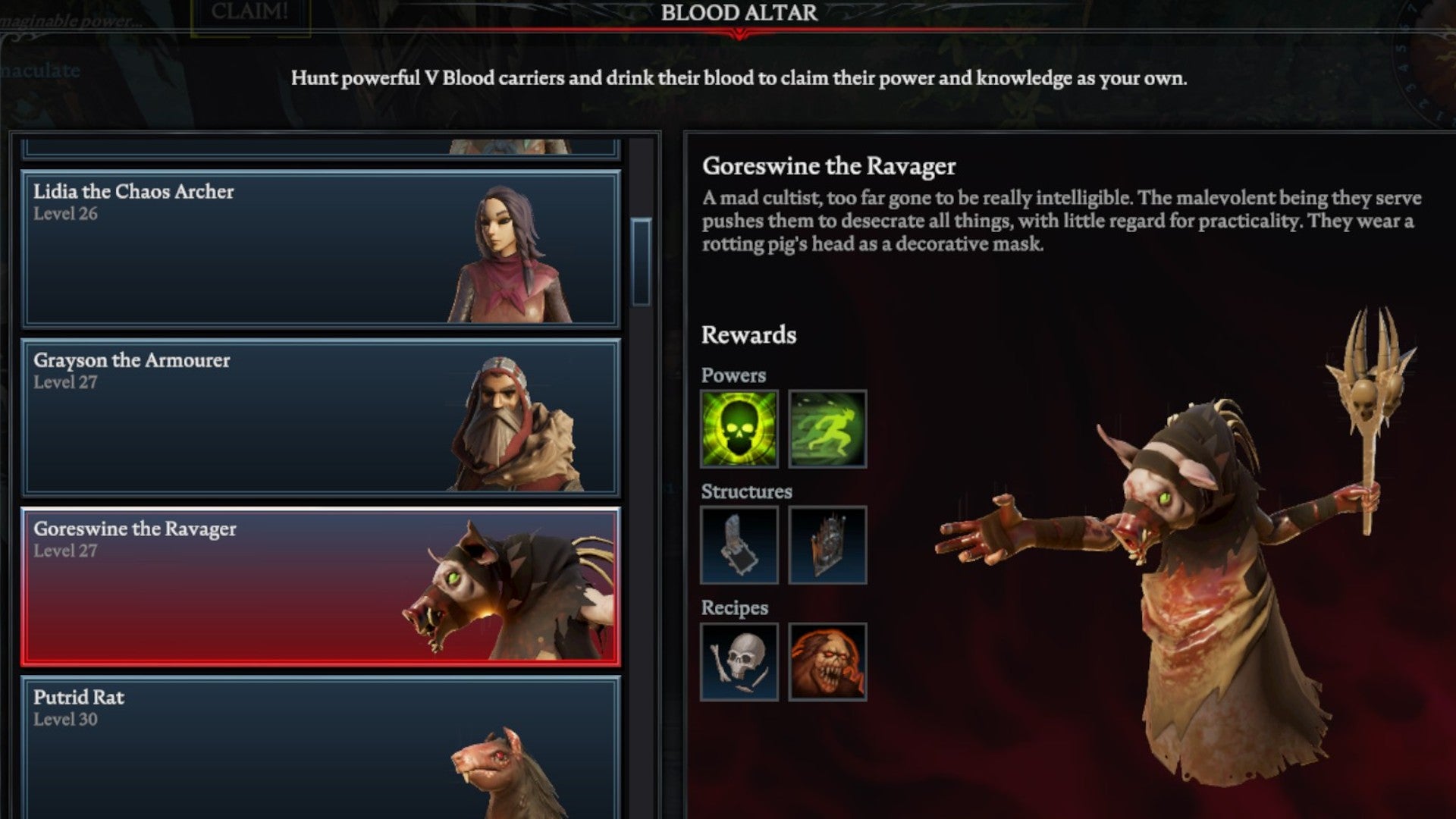 V Rising Goreswine the Ravager Blood Altar tracking page, showing an image of the cultist ravager wearing a pig head on the right and a list of bosses on the left