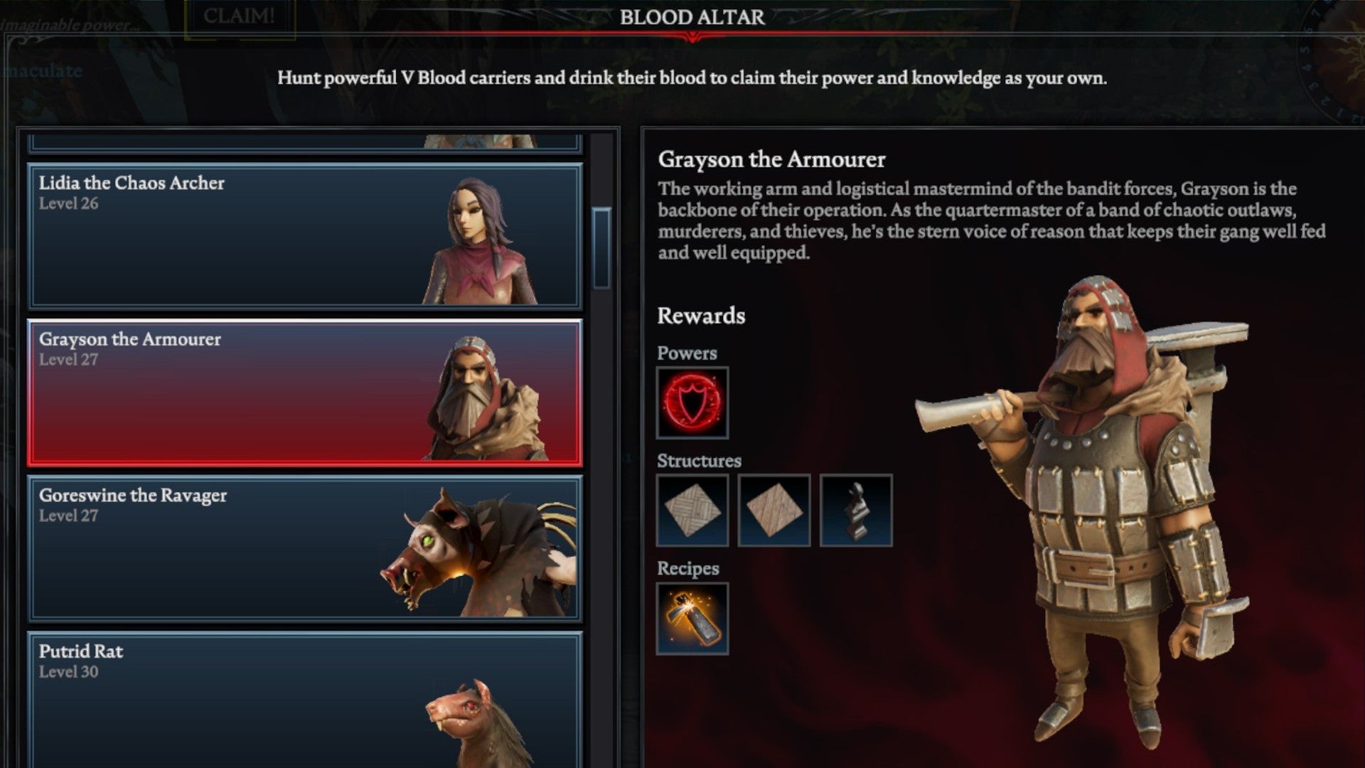 V Rising Grayson the Armourer Blood Altar tracking page, showing an image of the armourer on the right and a list of bosses on the left